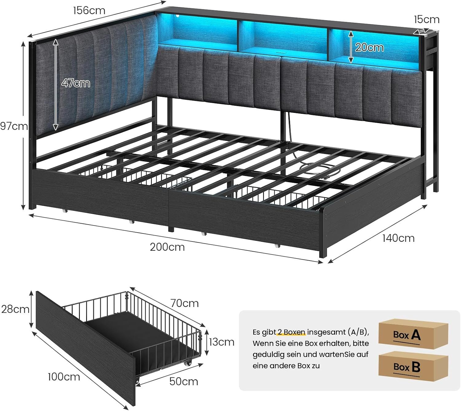 KIMENICH Polsterbett Jugendbett mit LED-Beleuchtung und Ladestation, Schlafsofa, Daybett (Ohne Matratze), Tagesbett mit 2 Schubladen und offenen Regalen, 140 x 200 cm