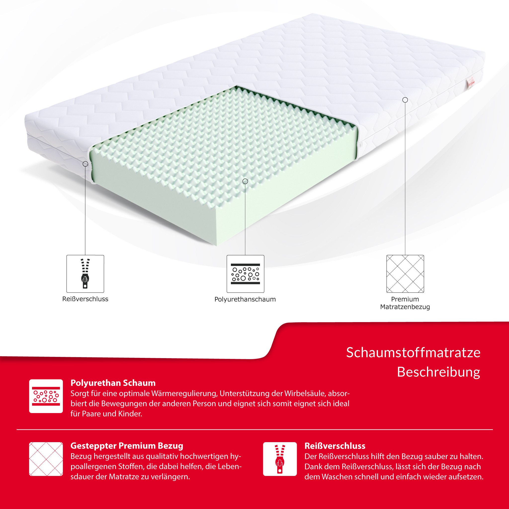 Kaltschaummatratze PICCHI 80x160, 90x190, 140x200 cm & weitere Größen, FDM, günstig online kaufen