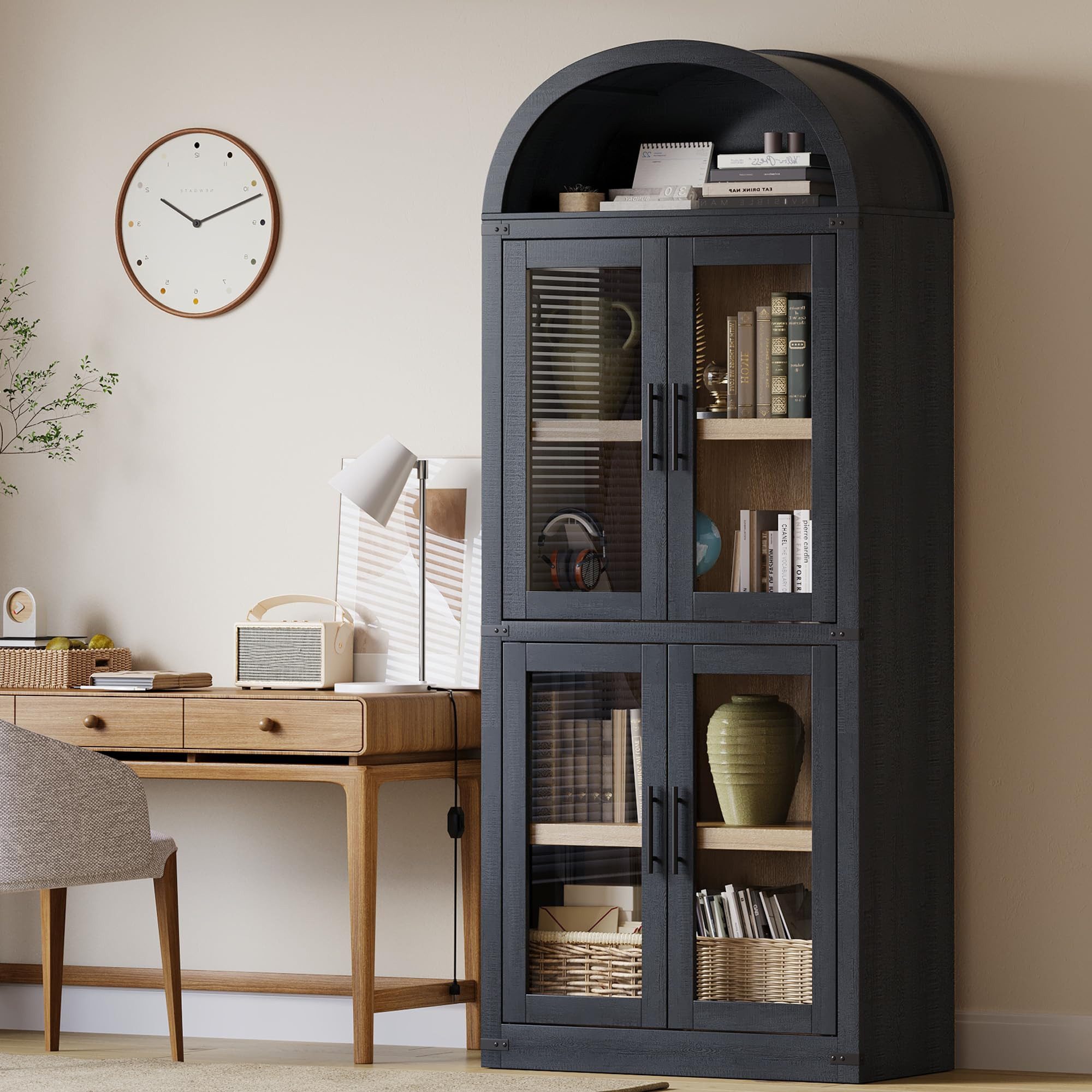 GarveeMore Bücherregal Gewölbtes Bücherregal Mehrzweckregal Küchenregal Stauraumregal, 1-tlg., Regalelement Standregal Pantry Cabinet 4 Fächern mit Schranktüren