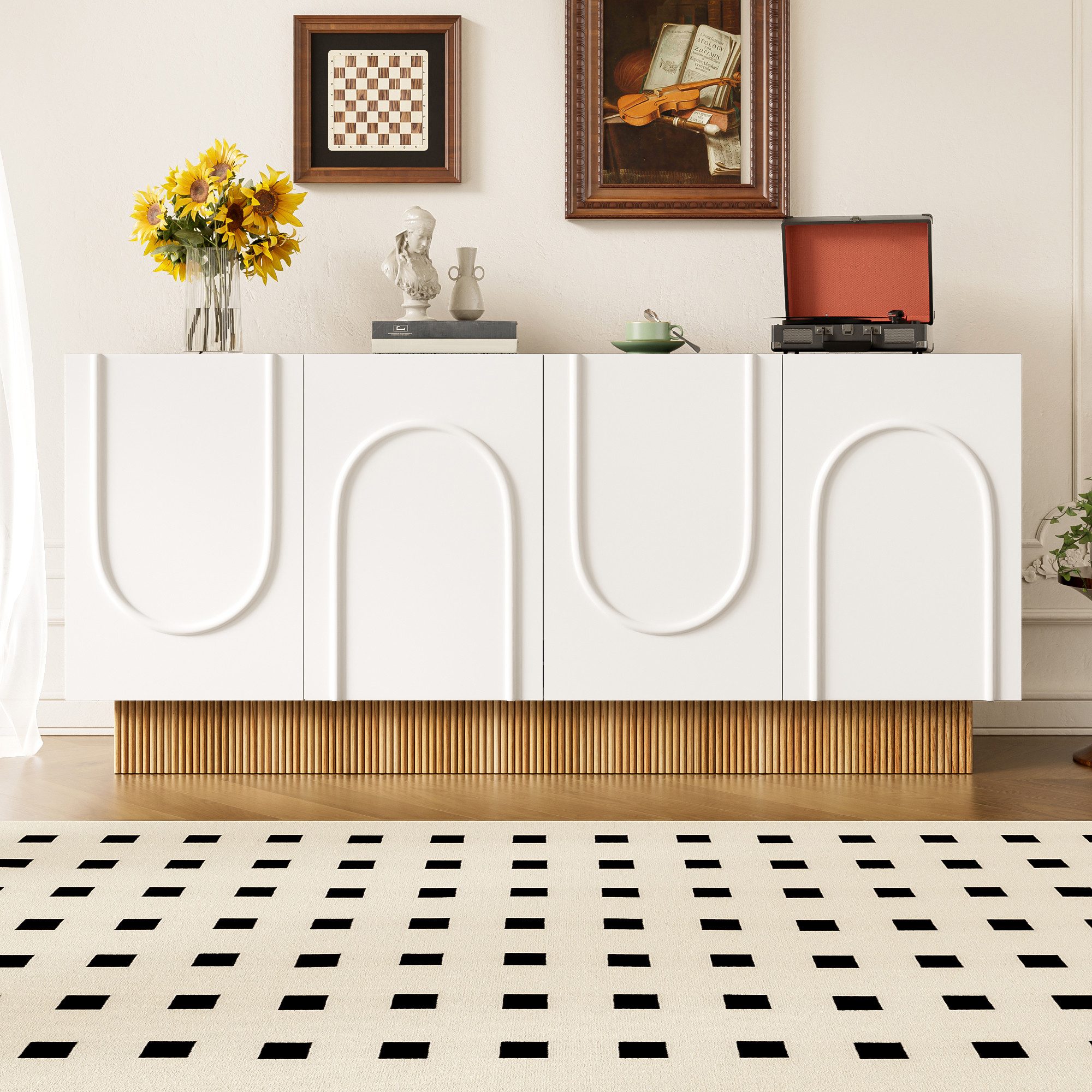 Merax Sideboard mit U-Relief-Design & dekorativer Holzstruktur (1 St., 160×75×38 cm), Kommode mit 4 Türen und großen Innenfächern, Anrichte, Buffetschrank