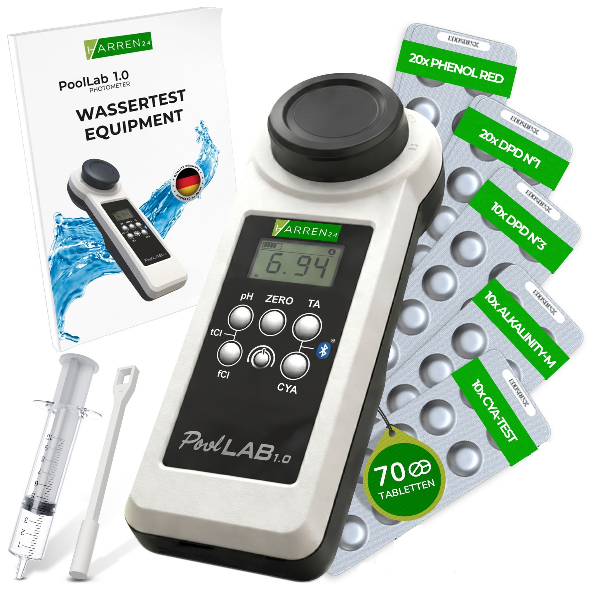 harren24 Elektro-Pooltester Elektr. Wassertester PoolLAB 1.0 Photometer Set inkl. 70 Testtabletten, Set inkl. 70 Testtabletten