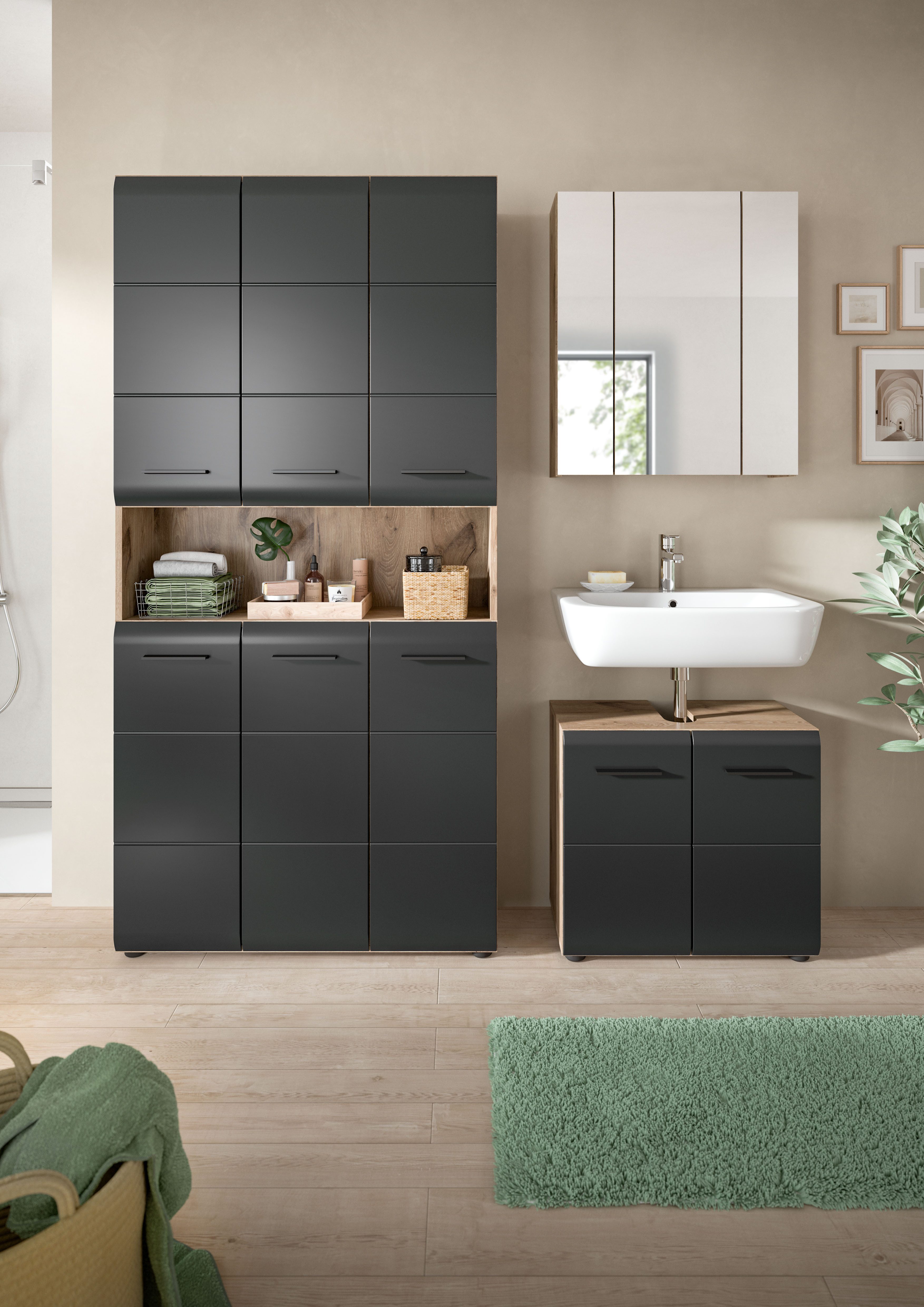 welltime Badezimmer-Set, (Set, 4-St), Florenz, Badkombination 3-tlg., Nox Oak NB, Mehrzweckschrank