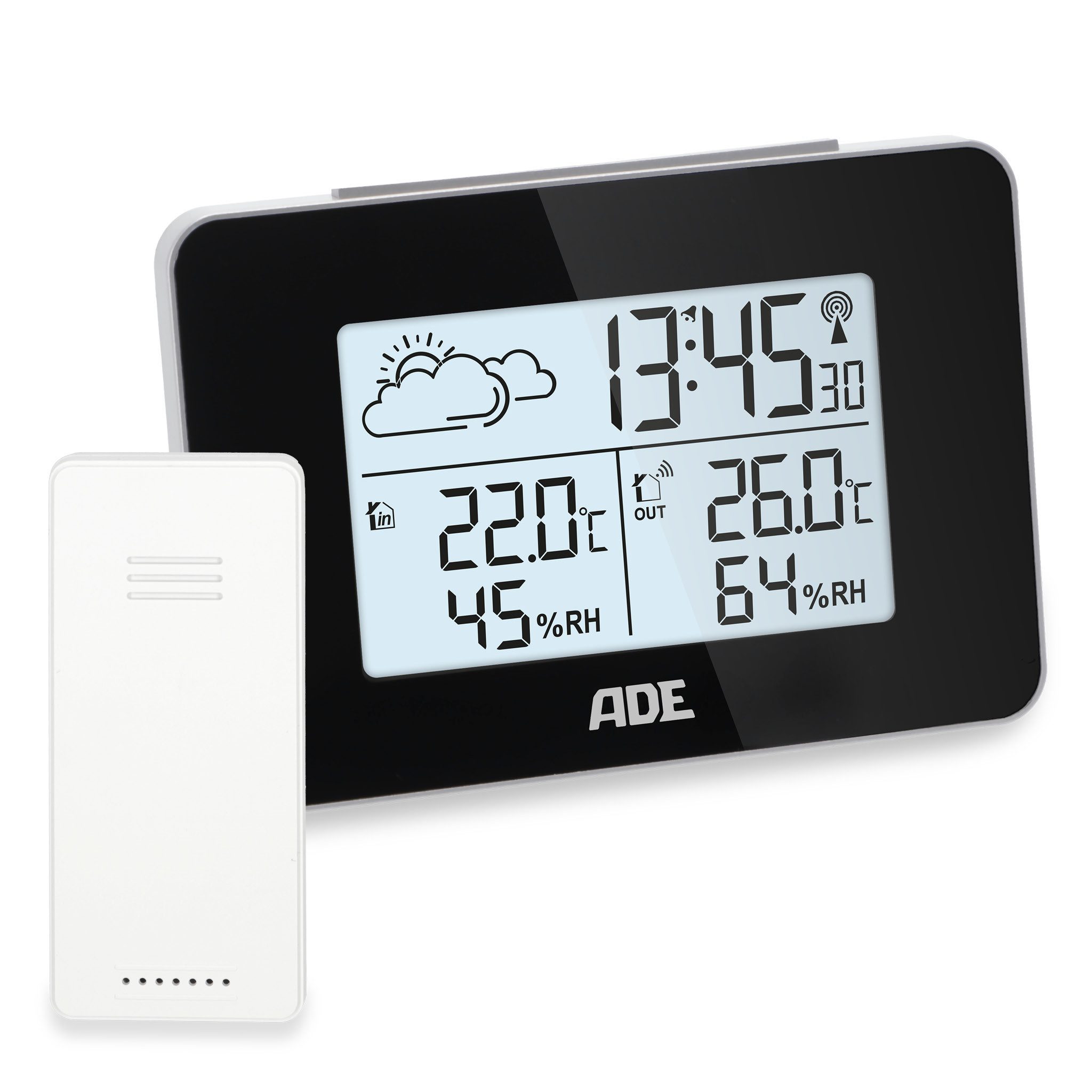 ADE Funk mit Außensensor, innen/außen, animierte Wettervorhersage Funkwetterstation (mit Funkwecker & Beleuchtung, inkl. Batterien)