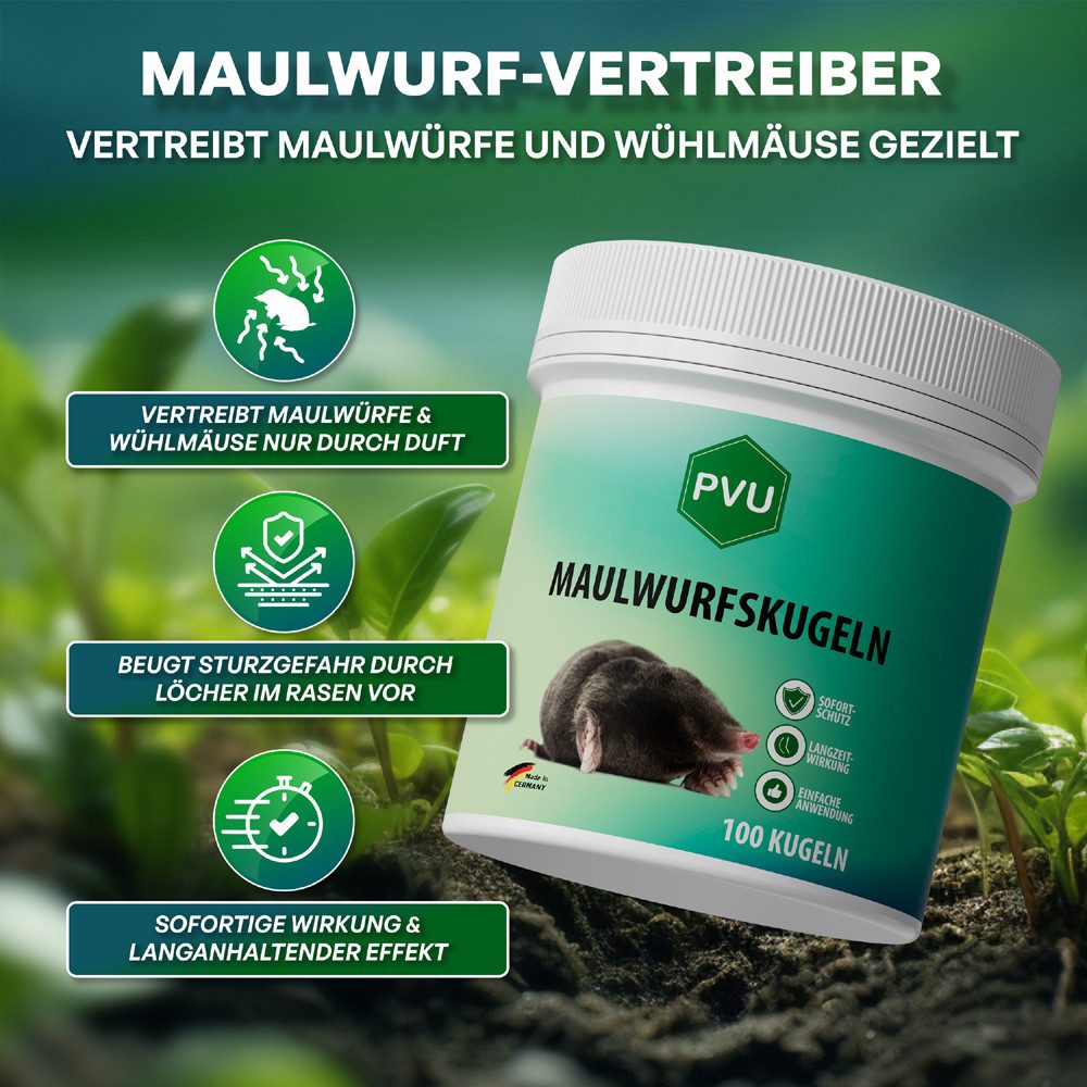 PVU Vergrämungsmittel Maulwurfkugeln, Maulwürfe vertreiben, MADE IN GERMANY, 100-St., MAULWURF VERTREIBER MADE IN GERMANY