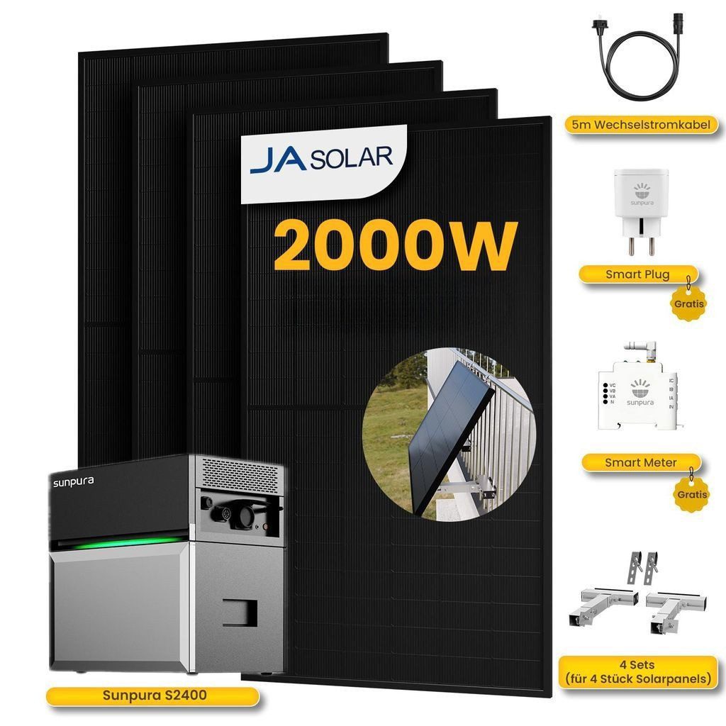 Sunpura Balkonkraftwerk 2000W Solaranlage mit Sunpura S2400 2,4kWh Speicher, Komplettset, (Gratisgeschenk: 1x Smart Meter und 1x Smart Steckdose), 4x 500Wp Full Black im Lieferumfang enthalten