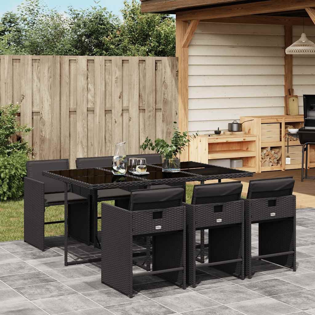 vidaXL Garten-Essgruppe 7-tlg. Garten-Essgruppe mit Kissen Schwarz Poly Rattan, (6-tlg)