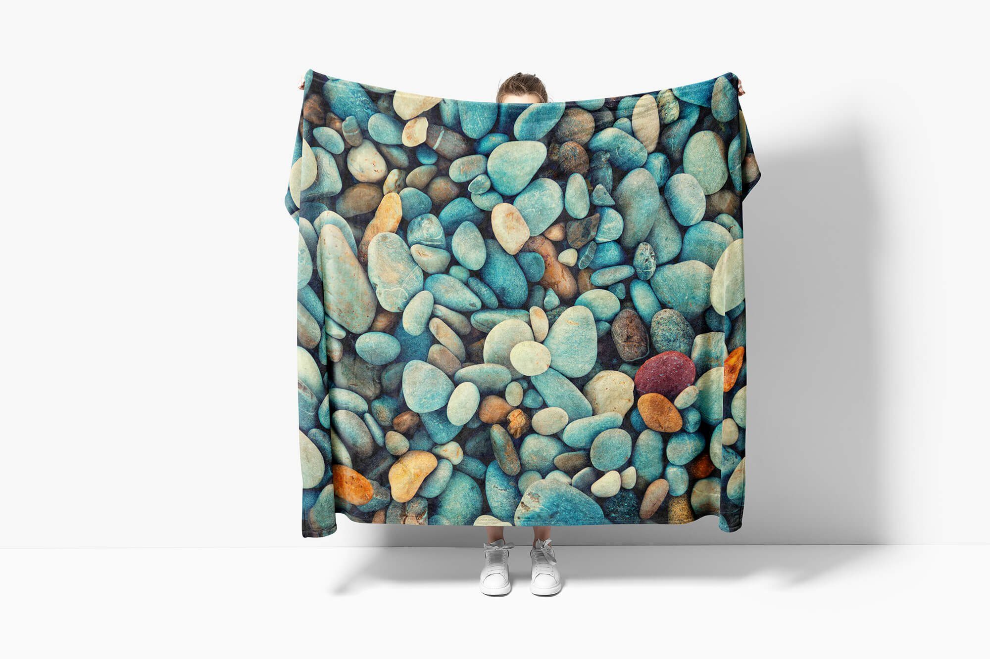 Sinus Art Handtücher Handtuch Strandhandtuch mit Baumwolle-Polyester-Mix (1-St), Kuscheldecke Runde Steine Meer, Fotomotiv Saunatuch Handtuch