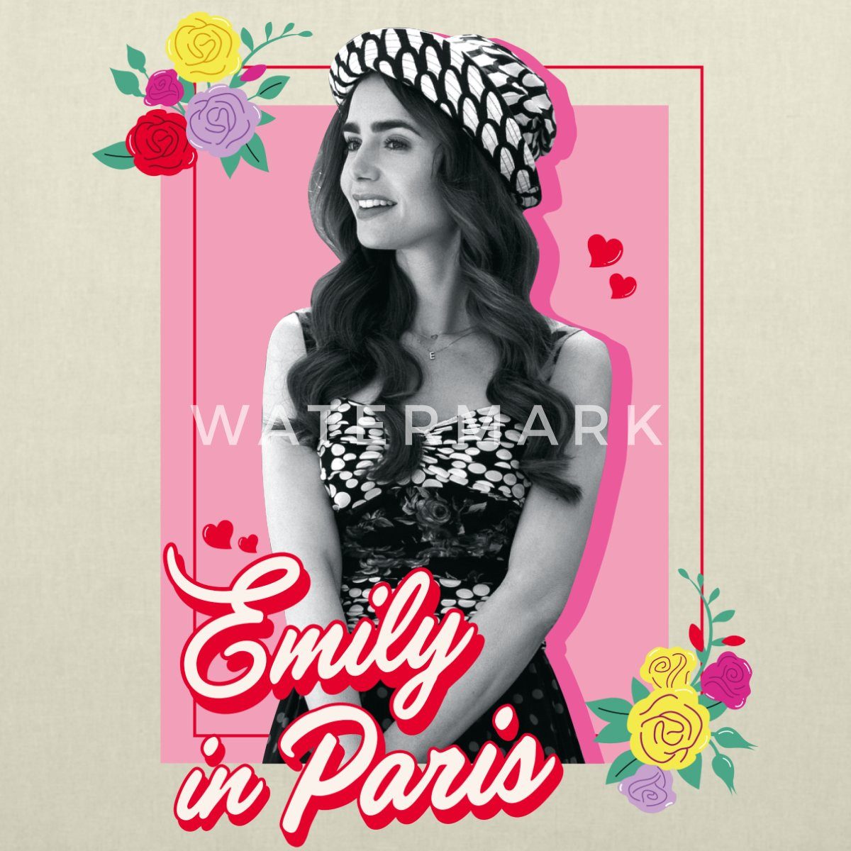 Spreadshirt Henkeltasche Emily In Paris Emily Schwarz-Weiß Bild Mit Blumen Stoffbeutel (1-tlg)