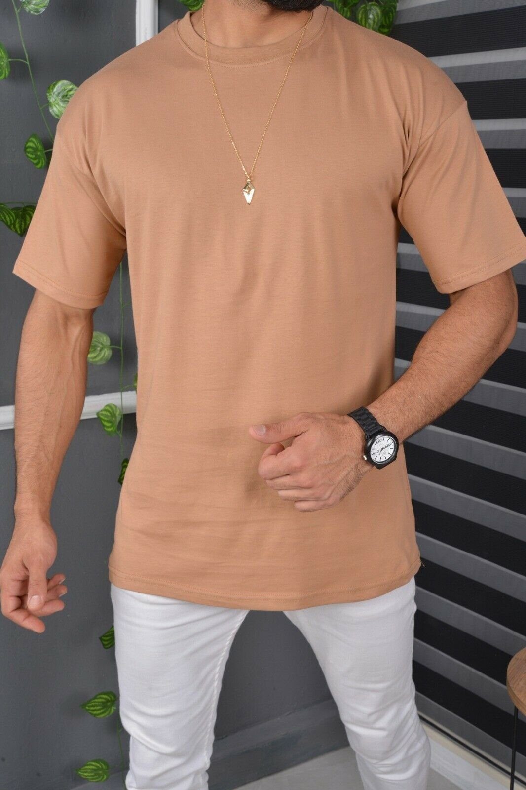 Megaman Jeans Oversize-Shirt T-Shirt Basic Oversize Long-Tee Tee Kurzarmshirt T-Shirt Sommer Unifarben Shirt Braun