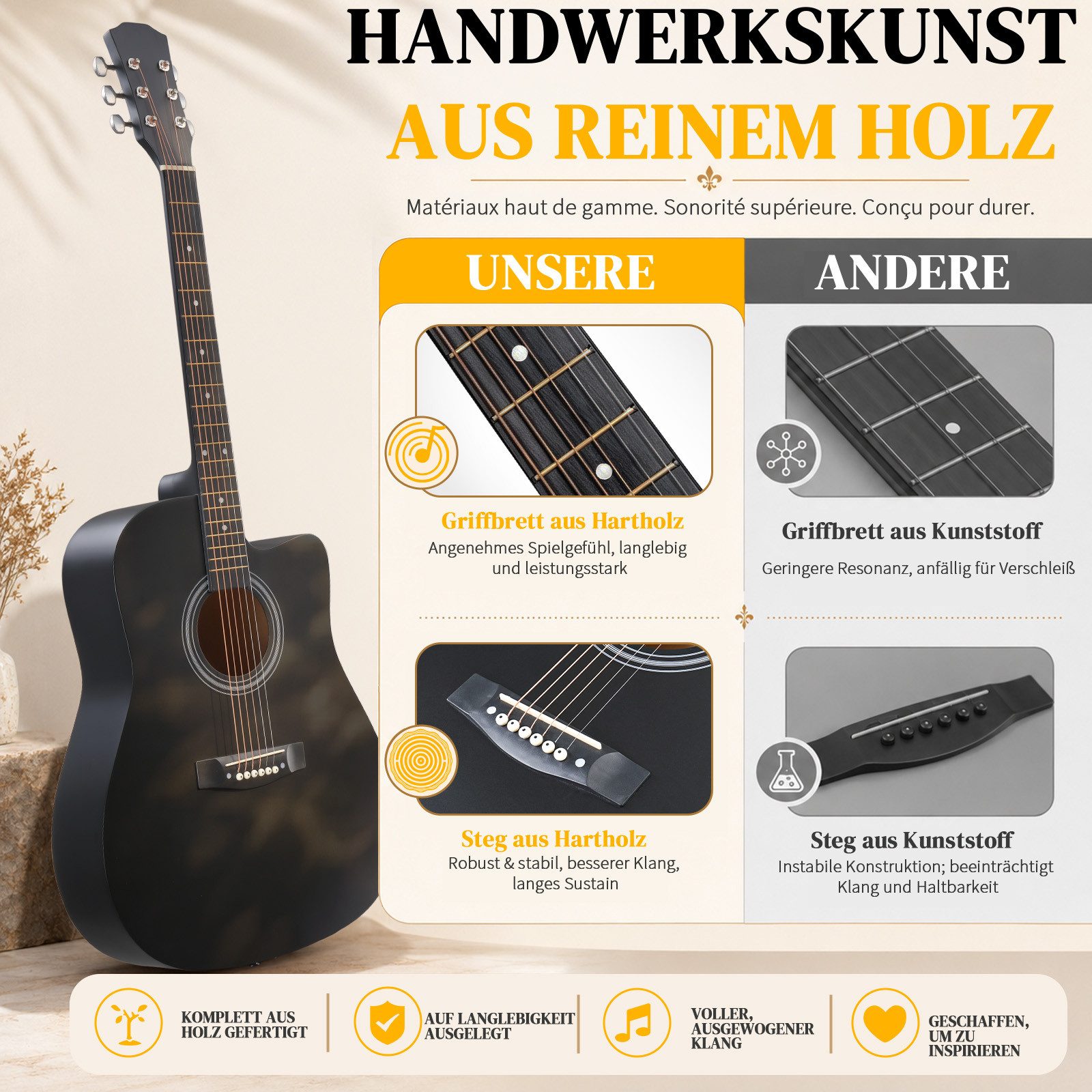 LALAHO Akustikgitarre 41 Inch Hartholz Cutaway mit Griffbrett,Konzertgitarre Westerngitarren, Set inkl. Tasche, Ersatzsaiten, Gurt und Plektren – Bild 3 von 5
