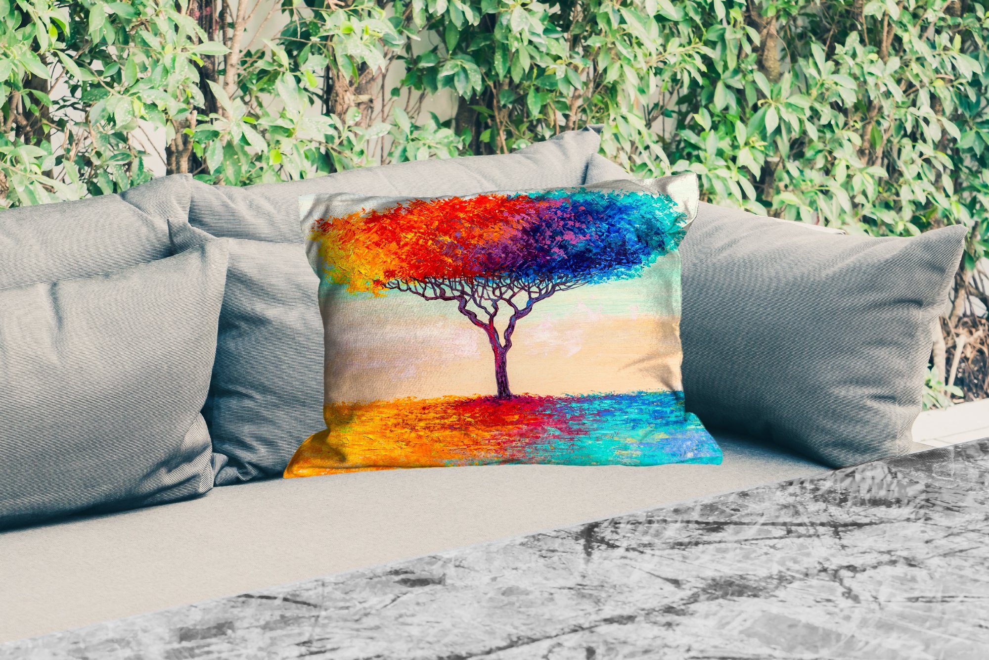 MuchoWow Kissenhülle Baum Dekokissen Polyester, Outdoor-Dekorationskissen, Regenbogen, Dekokissenbezug, - - Ölfarbe Gemälde -