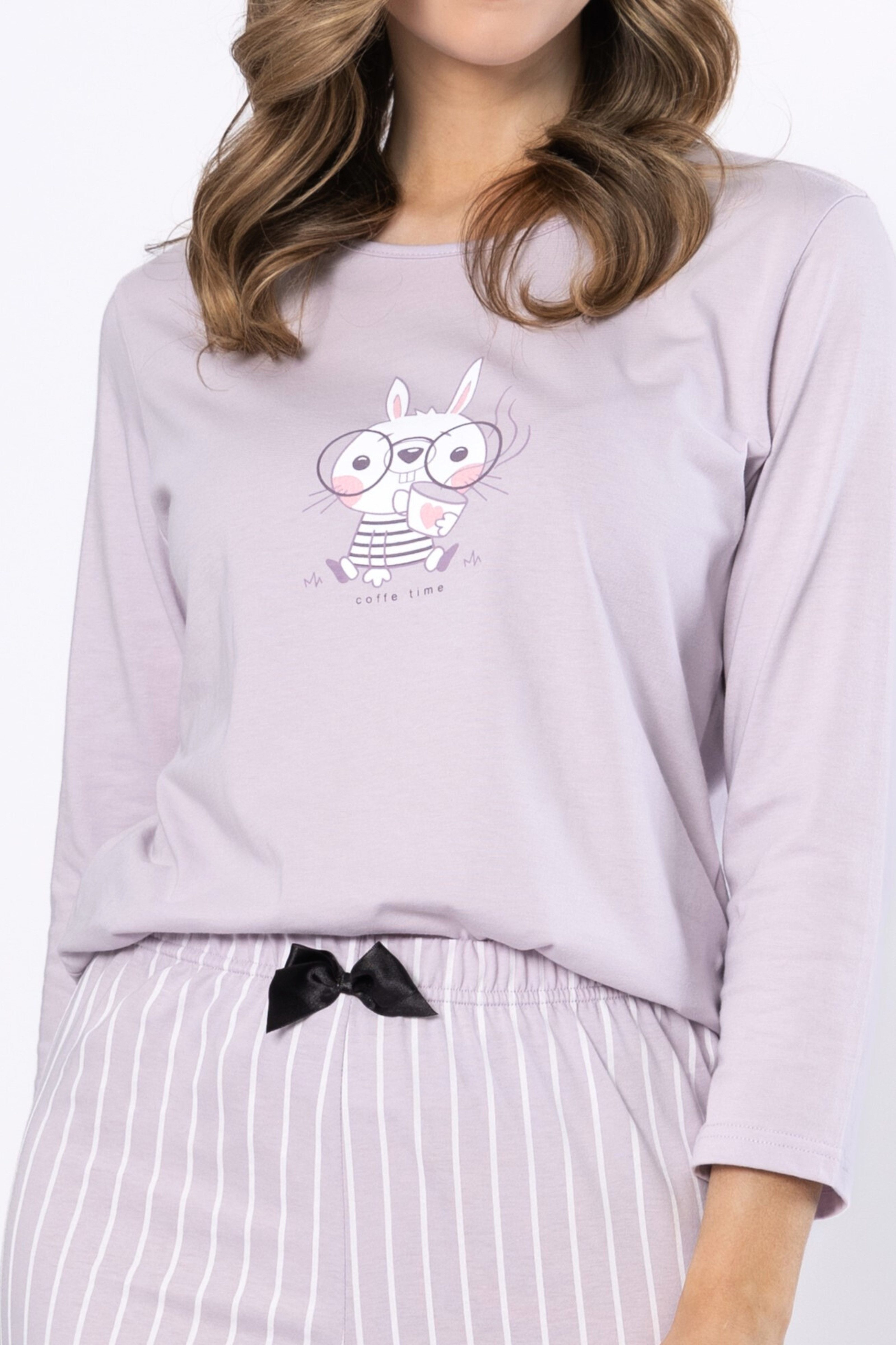 COOLISMO NIGHTWEAR Pyjama Damen Schlafanzug-Set in Powder-Lavendel mit Häschen Motiv-Druck & gestreifter Schlafhose