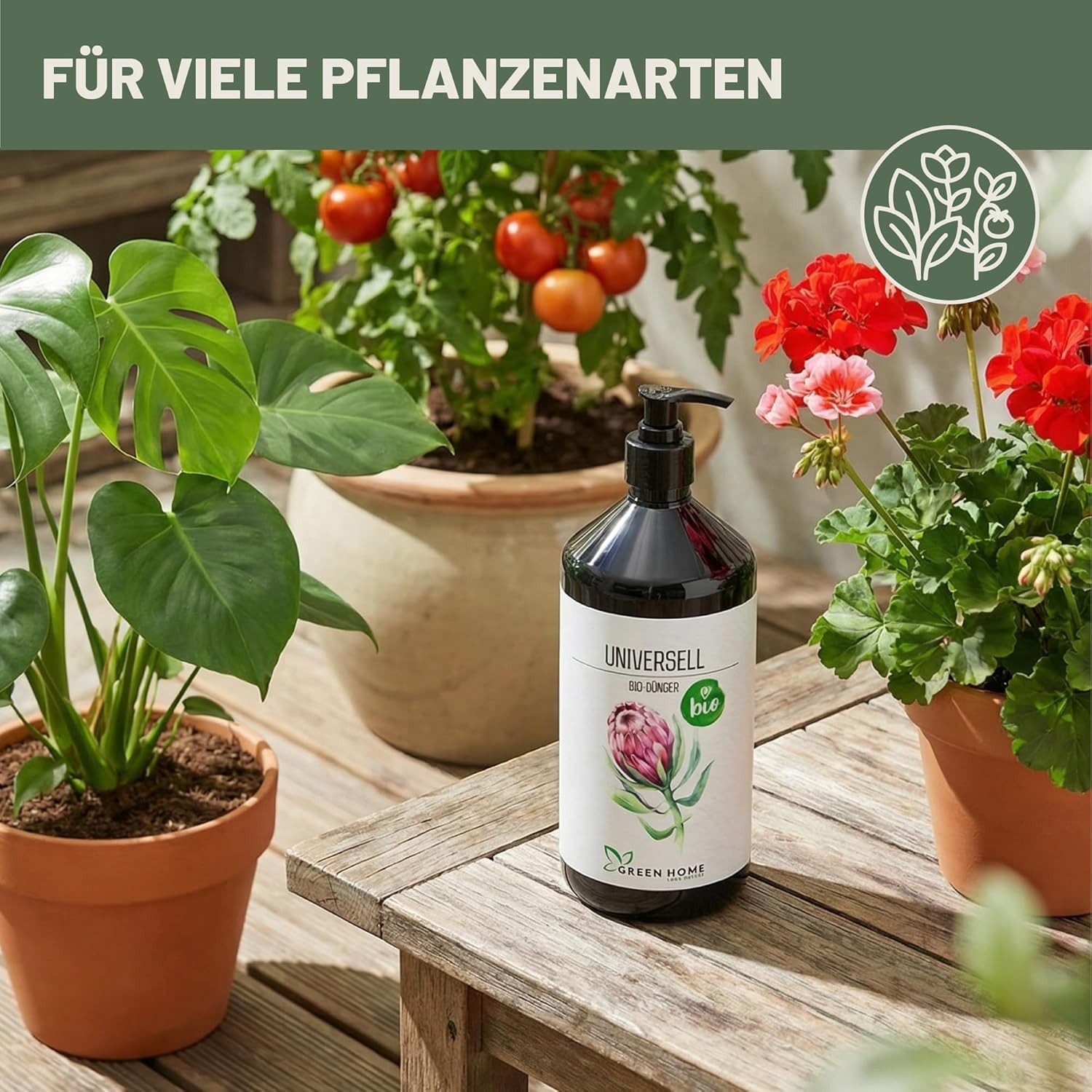 GREEN HOME LOVE NATURE Universaldünger Bio-Dünger flüssig NPK 3+2+6 für Zimmer-, Balkon- & Gartenpflanzen, Universell, 100 % bio, organisch-mineralisch, extra Kalium, Dosierpumpe