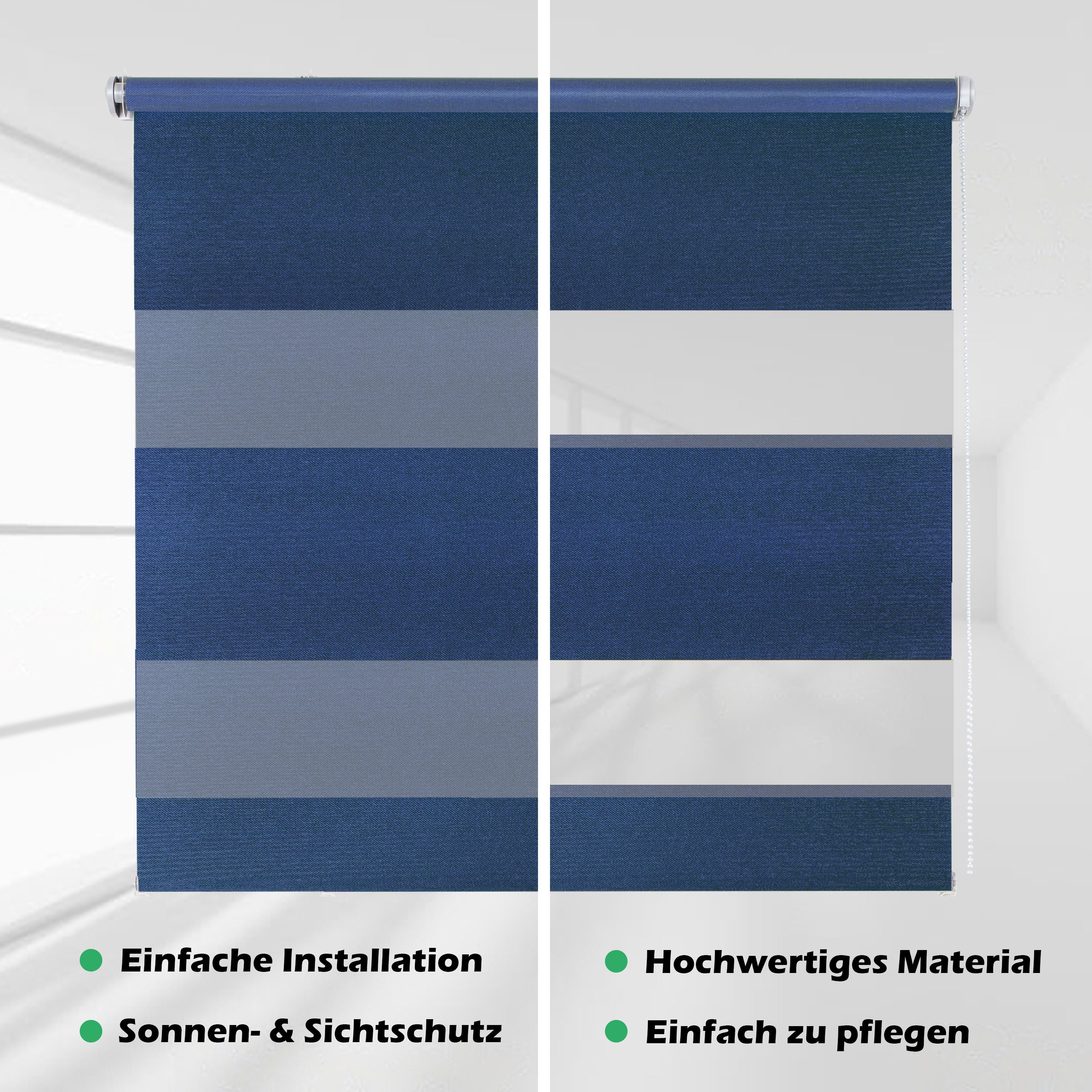 Doppelrollo Doppelrollo "Metallic" mit extra und Klemm- oder Stoff-Streifen DomDeco, breiten Klemmfix-H, Schraubmontage Blau