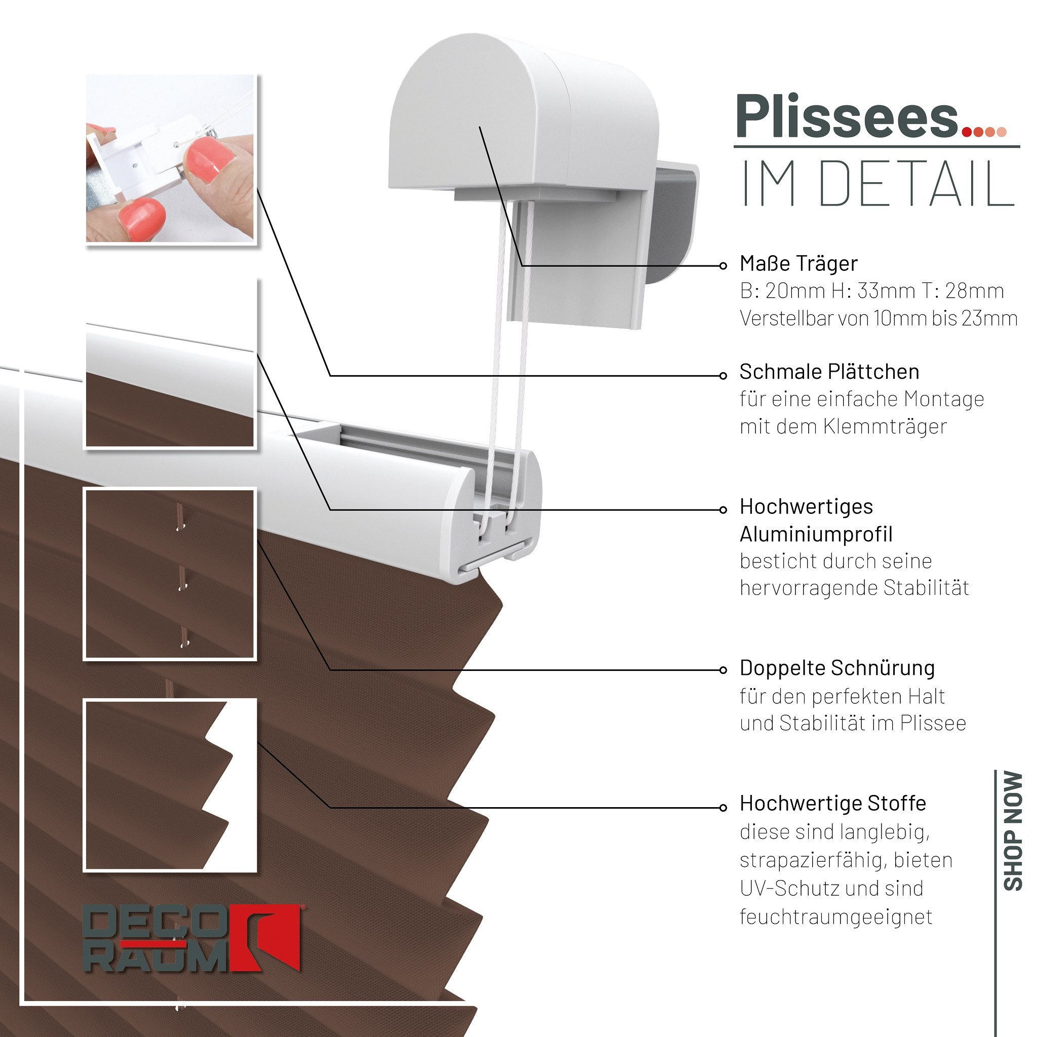 Deco-Raum Plissee Basic, blickdicht, Klemmträger, auf dem Fenster-/Türrahmen, Klemmfix, einfache Montage, in verschiedenen Farben und Größen ohne Bohren