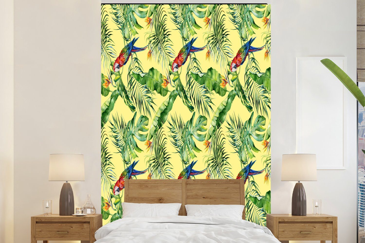 MuchoWow Fototapete Blumen - Paradiesvogelpflanze - Vogel, Matt, bedruckt, (3 St), Montagefertig Vinyl Tapete für Wohnzimmer, Wandtapete