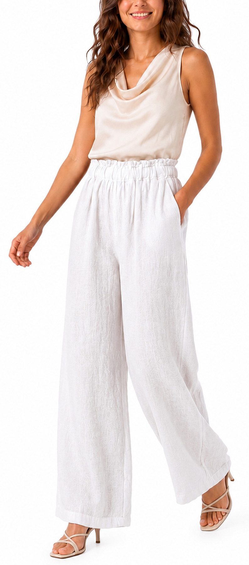 dy_mode Leinenhose High Waist Damen Leinenhose Weitbein Palazzo Hose Sommerhose in Unifarbe, High Waist, mit elastischem Bund