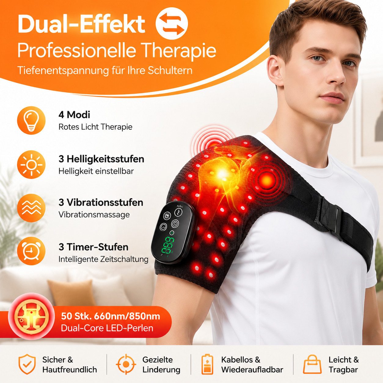 Fyrove Massagegerät Schulterwärmer, Rotlichtbandage mit Vibrationsmassage, Wellnessbandage für Nacken und Schulter, kabellos für Zuhause und Büro, Rotlicht, Nah – Bild 3 von 5