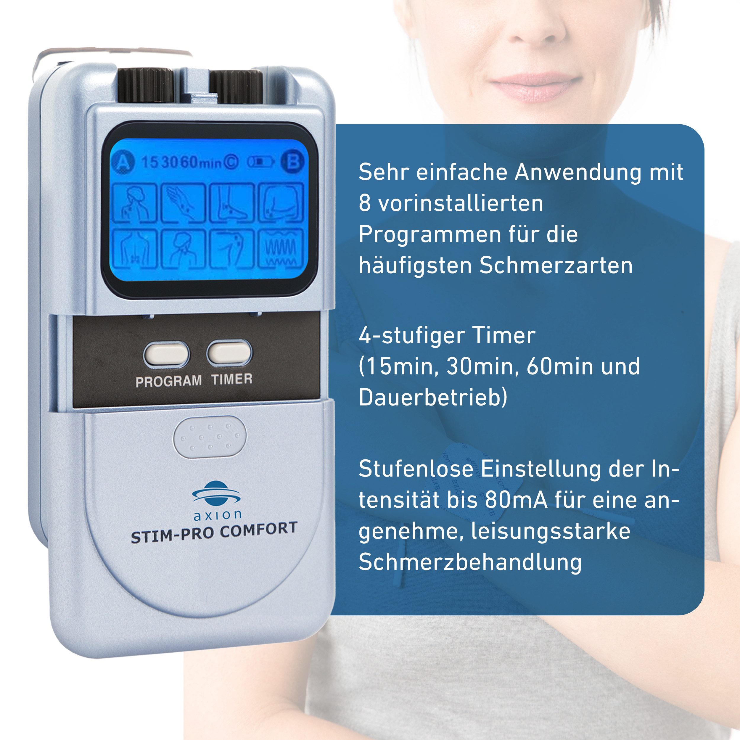 Axion TENS-Gerät 2 Kanal TENS Gerät STIM-PRO COMFORT gegen Schmerzen, (Set), Medizinprodukt nach MDR (EU) 2017/745