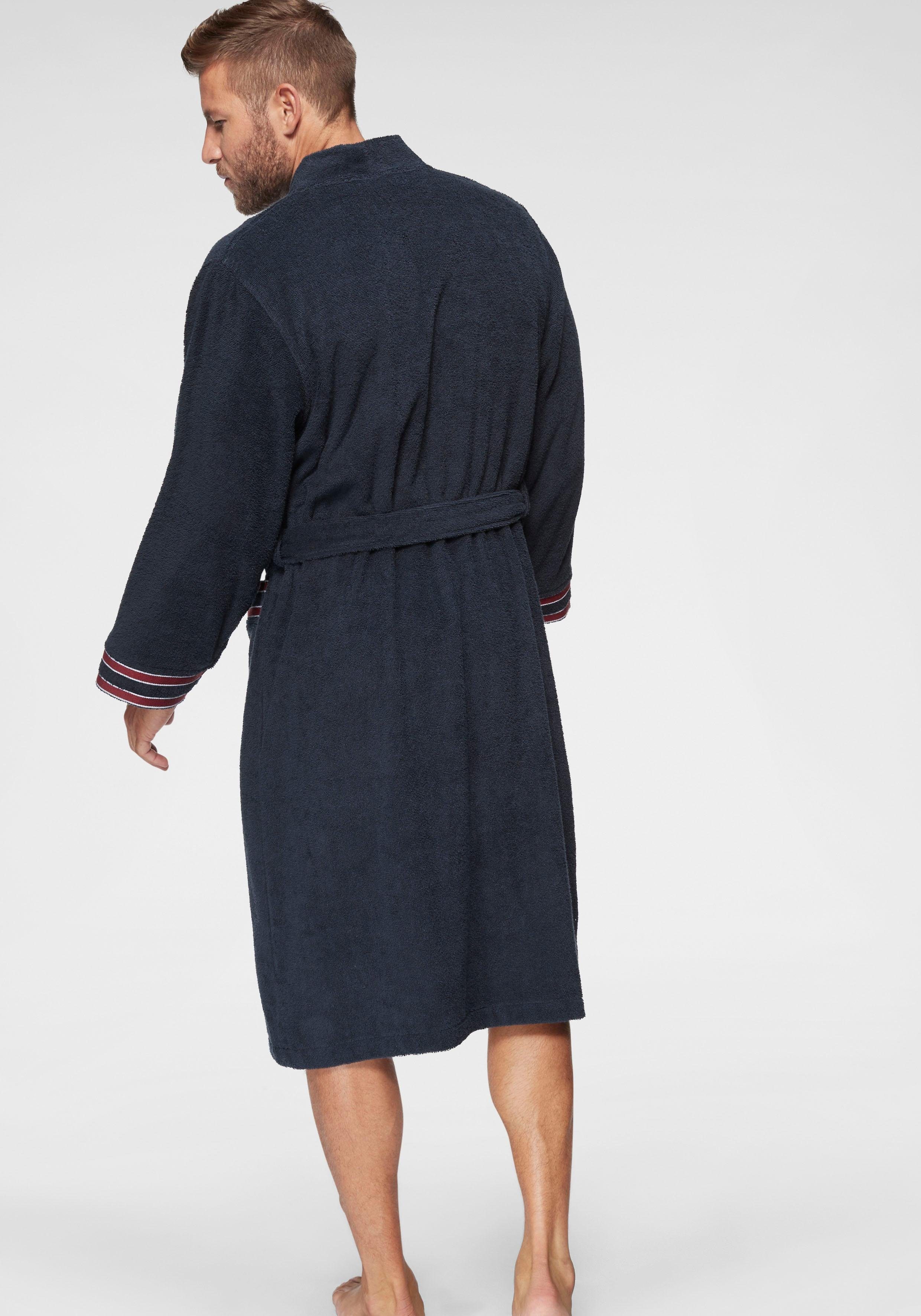 Bruno Banani Herrenbademantel Roy, ideal für Sauna & Spa, Standardlänge & Überlänge, Langform, Walkfrottee, Kimono-Kragen, Gürtel, farblich abgesetzten Streifen, Bademantel, S-3XL, auch in extra lang