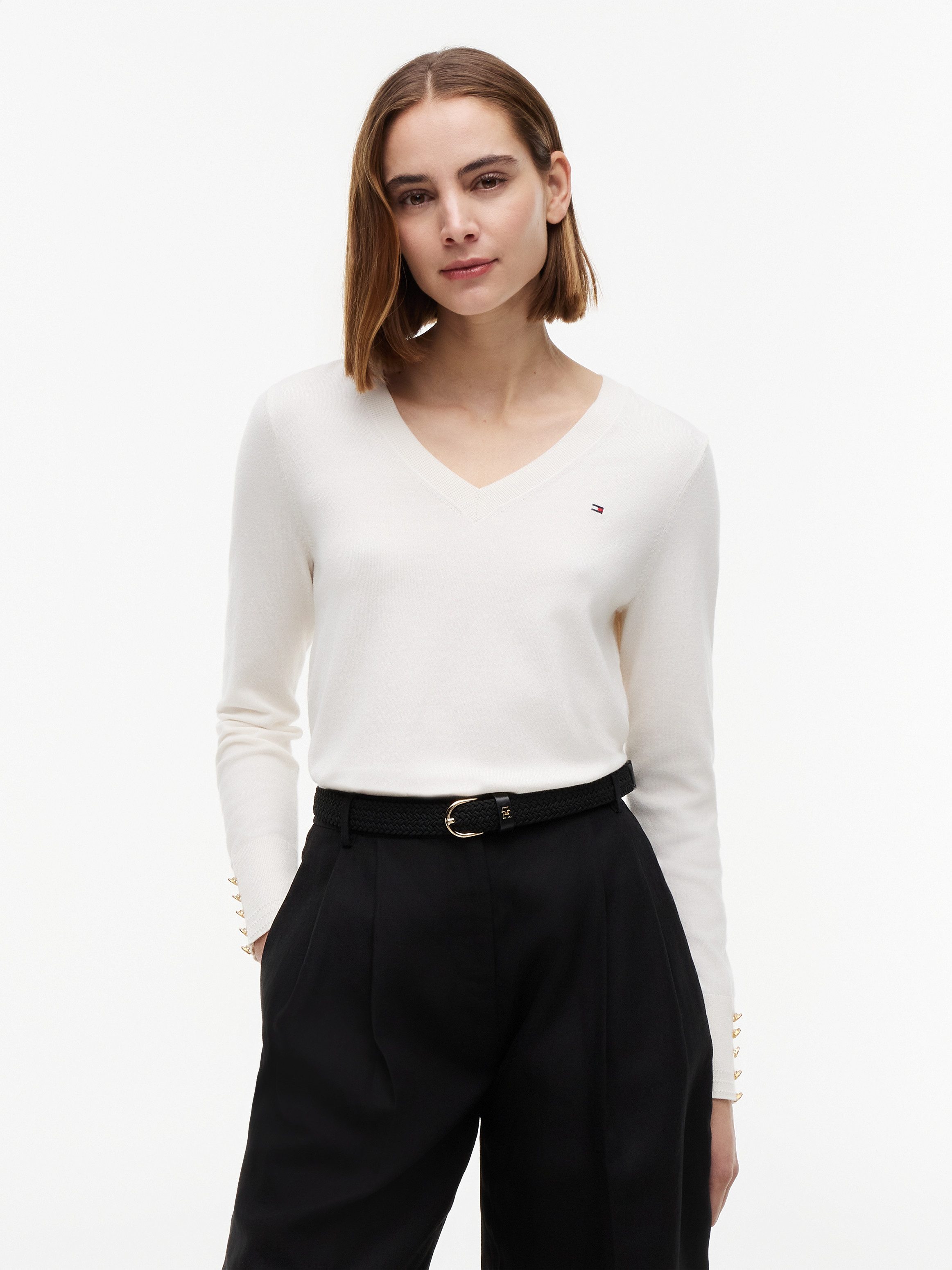 Tommy Hilfiger Strickpullover STITCH V-NECK mit Knopfdetail am Ärmel, Regular Fit