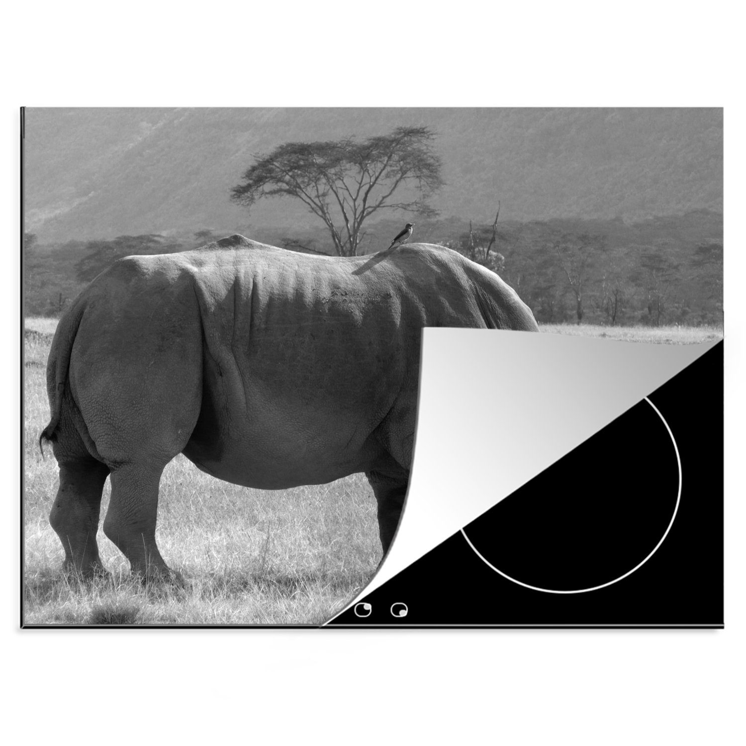 schwarz und Ceranfeldabdeckung cm, nutzbar, im MuchoWow Nakuru-See Mobile Arbeitsfläche tlg), weiß, - 70x52 (1 Breitmaulnashorn Herdblende-/Abdeckplatte Vinyl,
