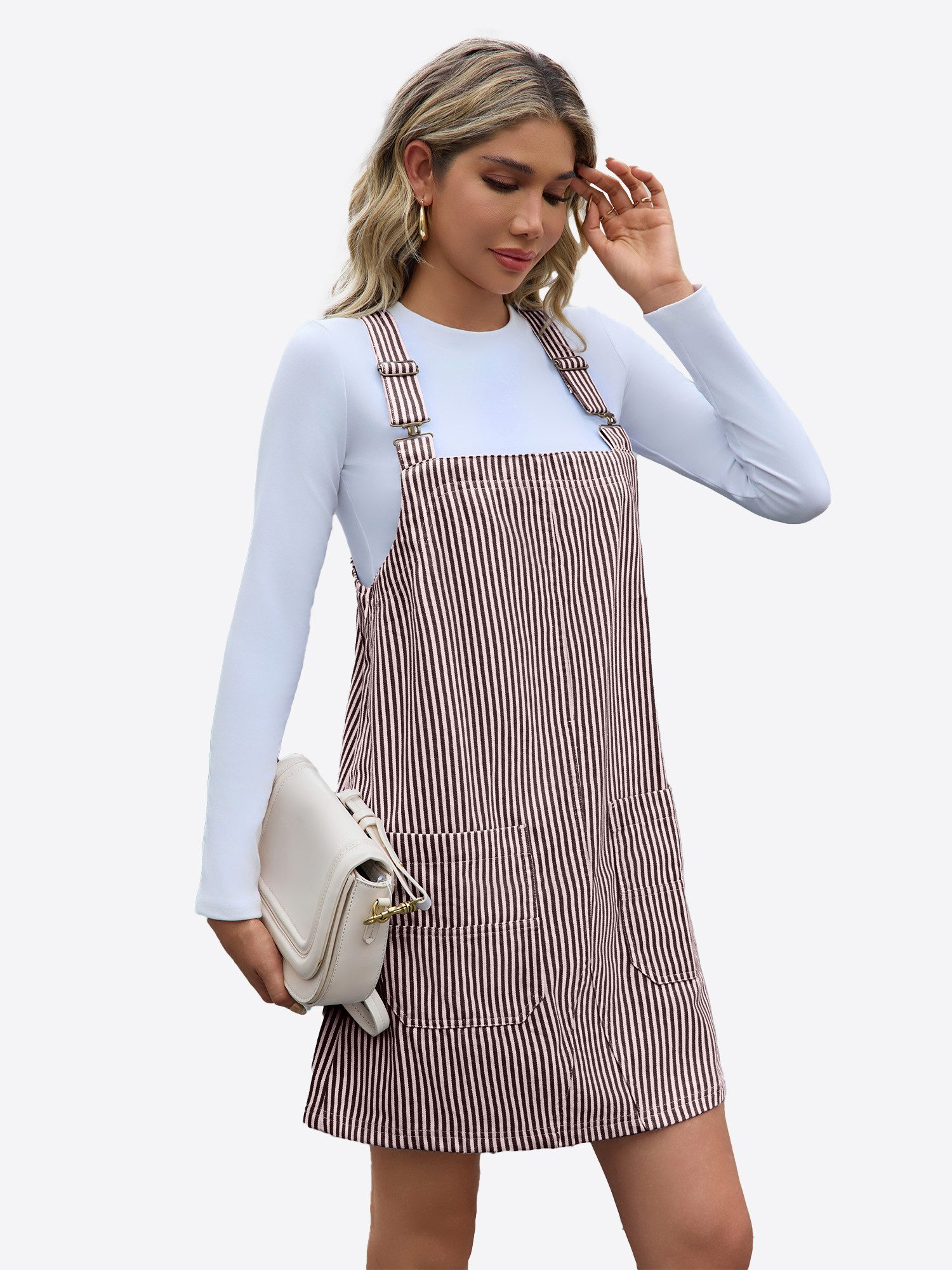 Imily Bela Jeanskleid Damen Gestreiftes Trägerkleid mit Verstellbaren Schultergurten (Packung, 1-tlg., 1per-Pack) Eingrifftaschen – Bild 4 von 5