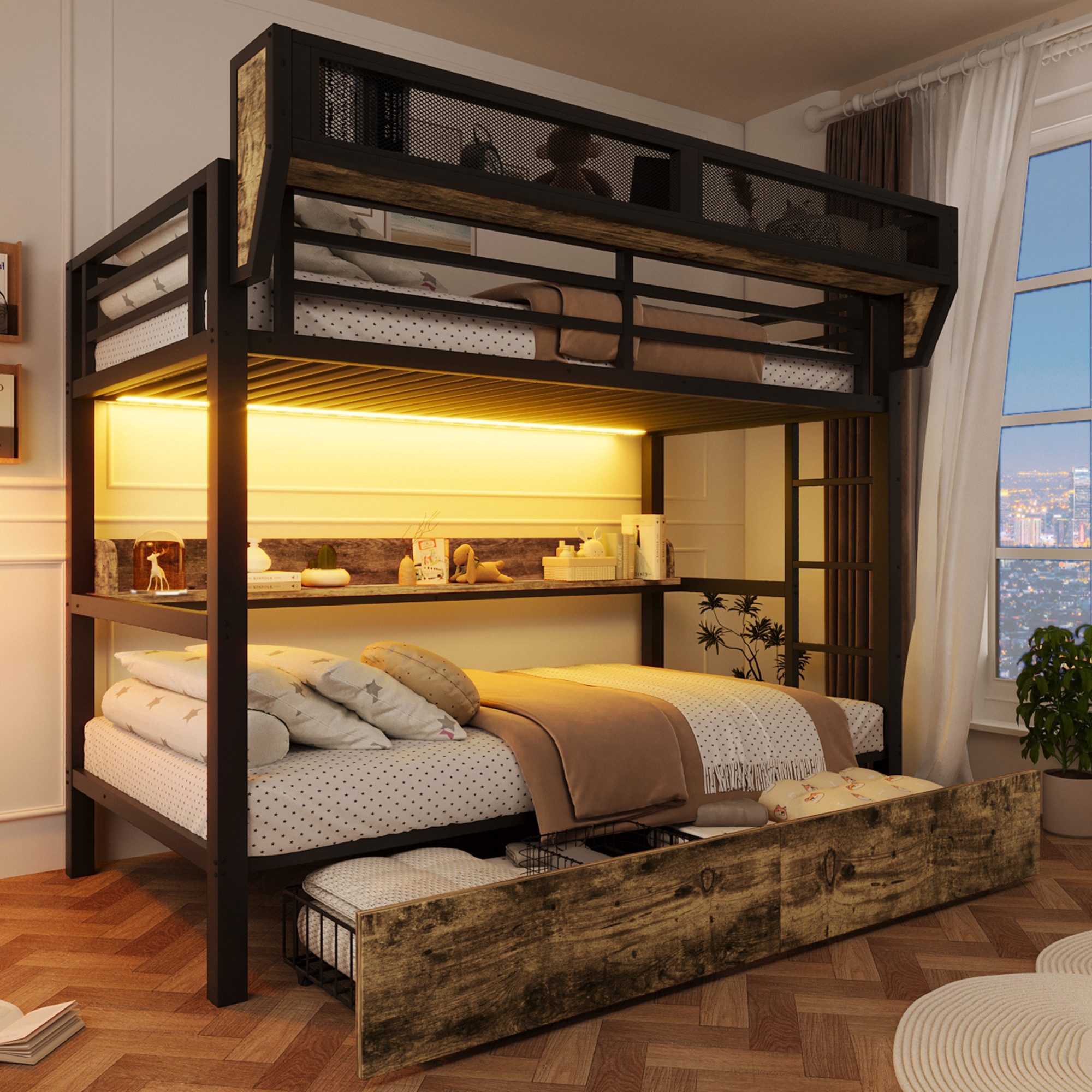 REDOM Etagenbett mit LED-Licht und Stauraum, Metallbett mit Schubladen & Regal (mit Aufbewahrungskorb, Kinderbett Metallbett, Jugendbett 90x200 cm), ohne Matratze