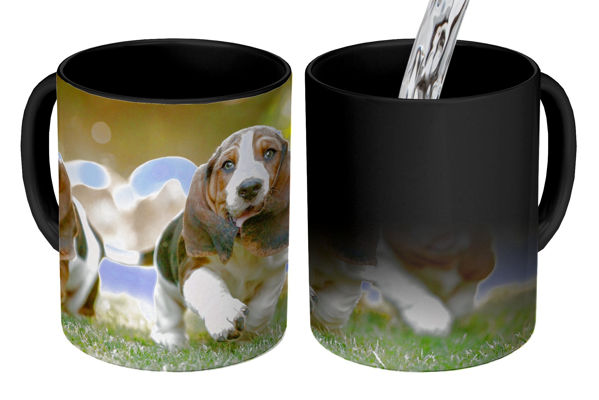 MuchoWow Tasse Welpen rennen durch das Gras, Keramik, Farbwechsel, Kaffeetassen, Teetasse, Zaubertasse, Geschenk