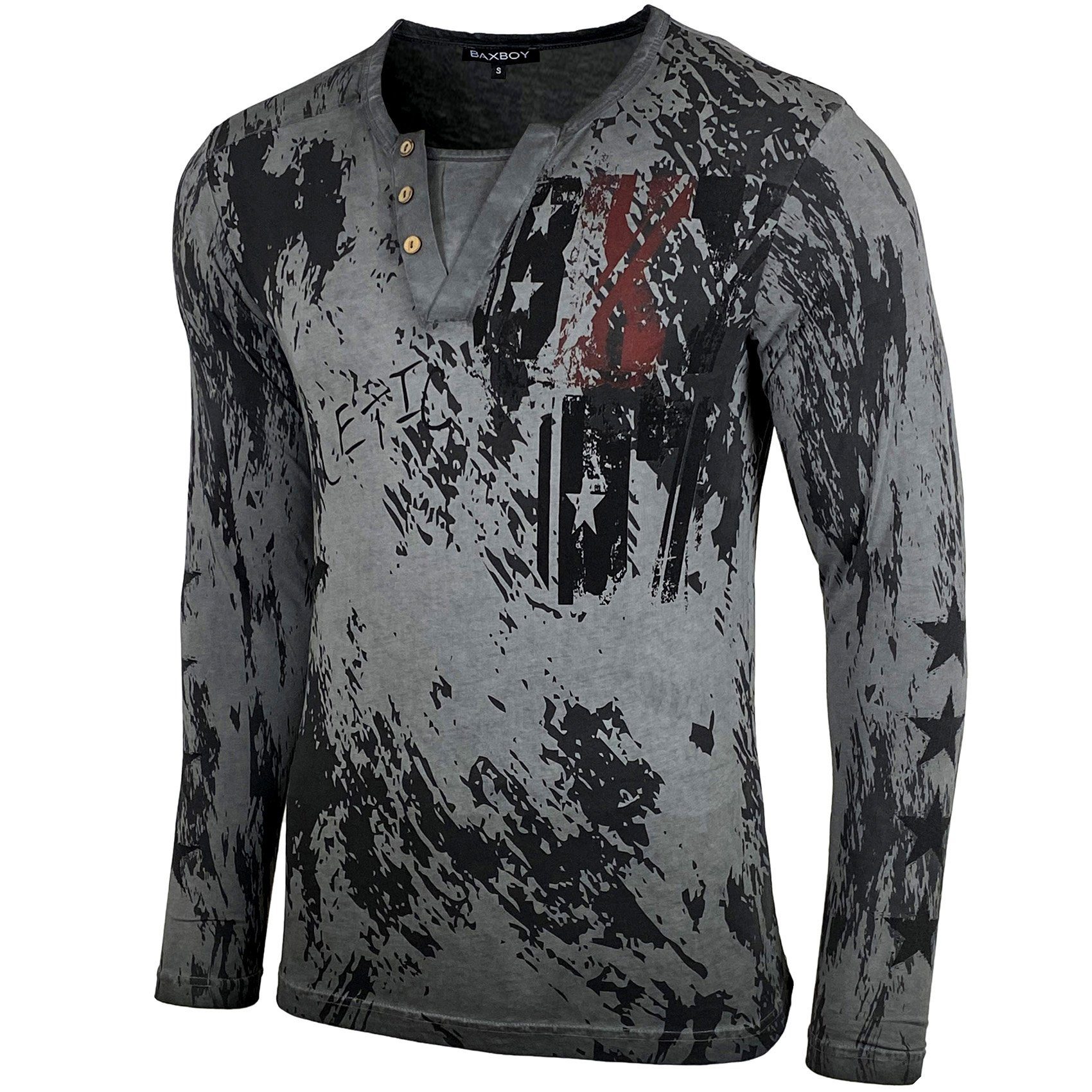 Baxboy Longshirt Langarmshirt mit trendigem All-Over Logo-Print mit Knopfle günstig online kaufen