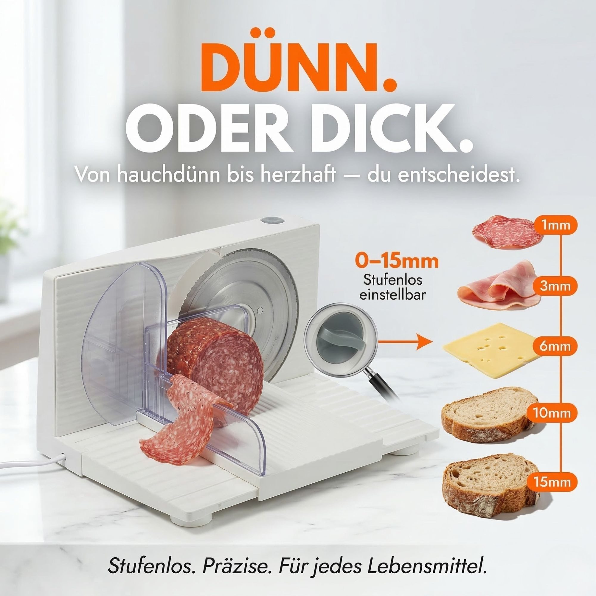 Sommertal Allesschneider AS170 150W Edelstahlmesser mit Wellenschliff, 0-15mm, klappbar, elektrische Schneidemaschine Brotschneidemaschine weiß – Bild 4 von 5