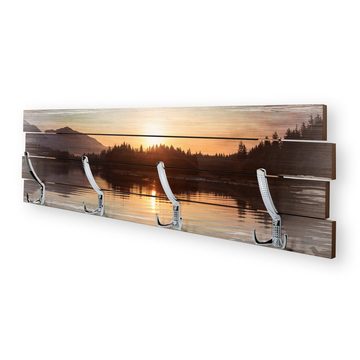 Kreative Feder Wandgarderobe Wandgarderobe "Abend am See" aus Holz, im Shabby-Chic-Design farbig bedruckt ca. 30x100cm 4 Doppel-Haken