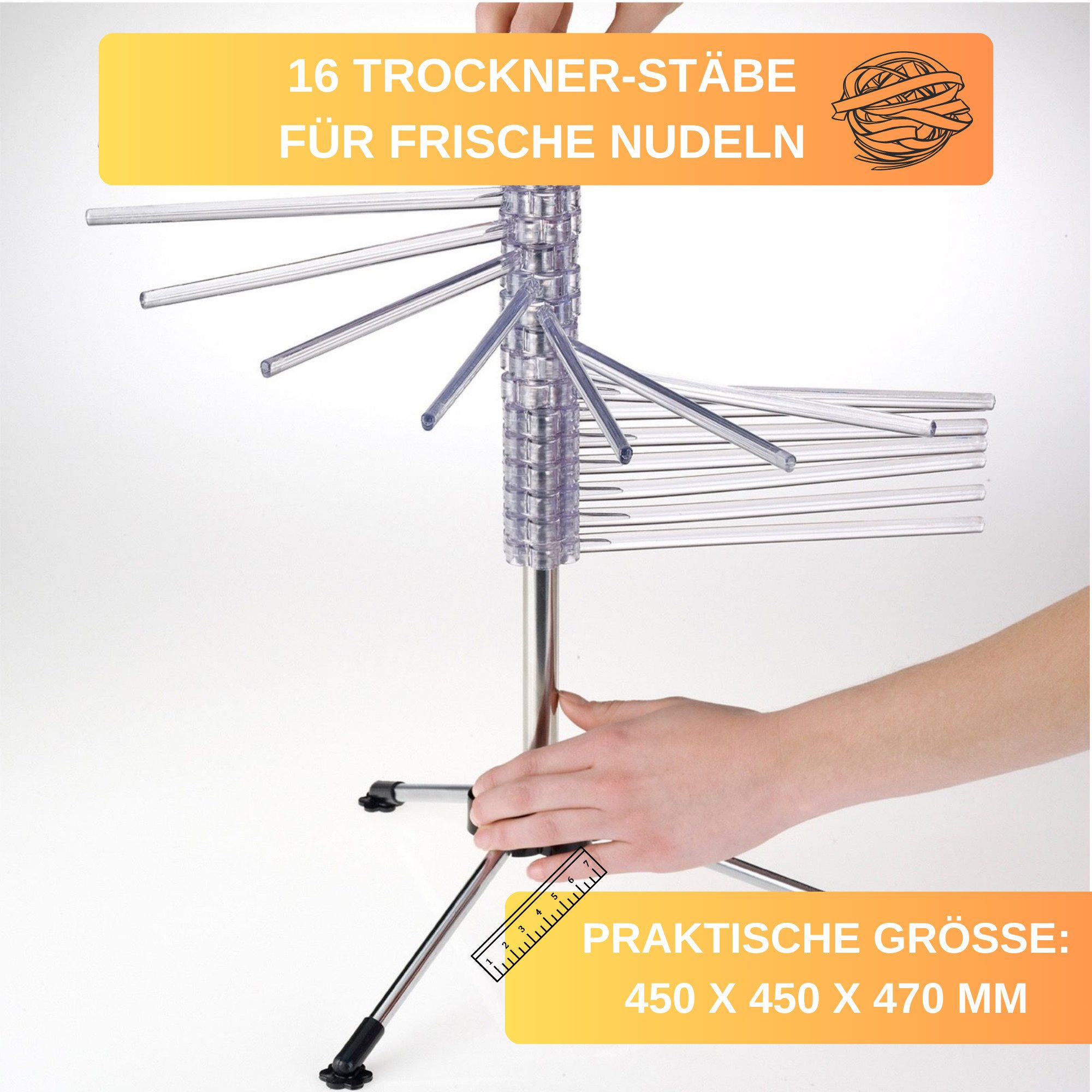 Thiru Nudeltrockner für bis zu 2 kg Pasta mit Transport-Stab - Edelstahl, platzsparend zusammenklappbar, mit Transport-Stab
