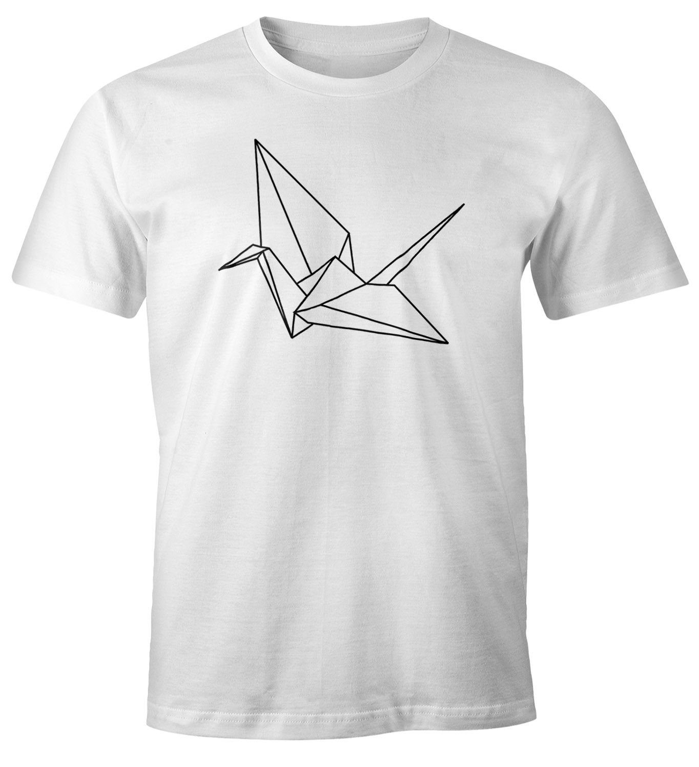 MoonWorks Print-Shirt Herren T-Shirt Origami Kranich Crane Vogel Bird Geometrisch Moonworks® mit Print weiß