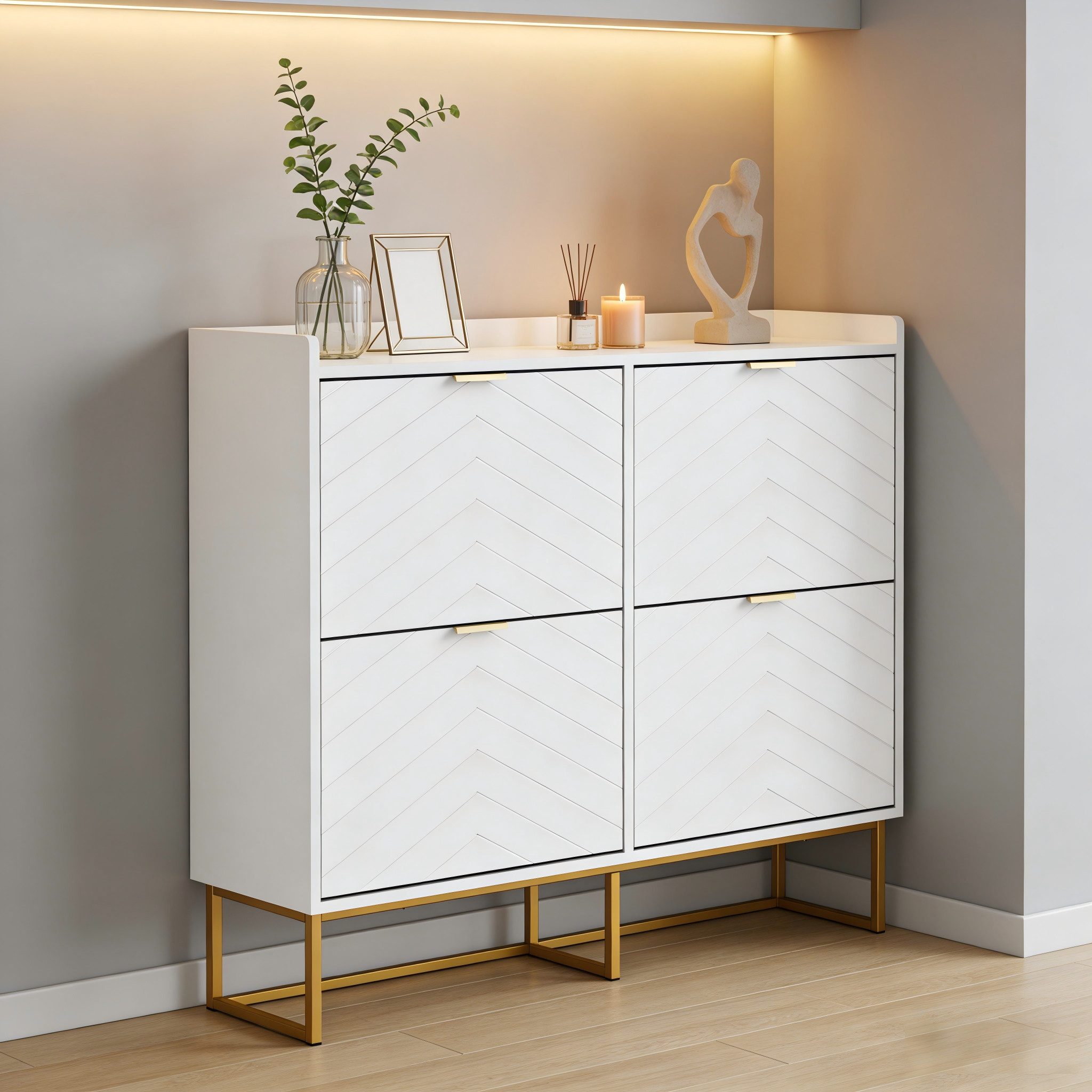 UEV Schuhschrank mit 4 Klappen, Schuhkipper Schmal, Schuhregal mit Metallfüße (Packung, Modern Schuhaufbewahrung mit Oberplatte Schuhkommode mit Kippsicherung) trennwände verstellbar und abnehmbar für verschiedene Schuhtypen