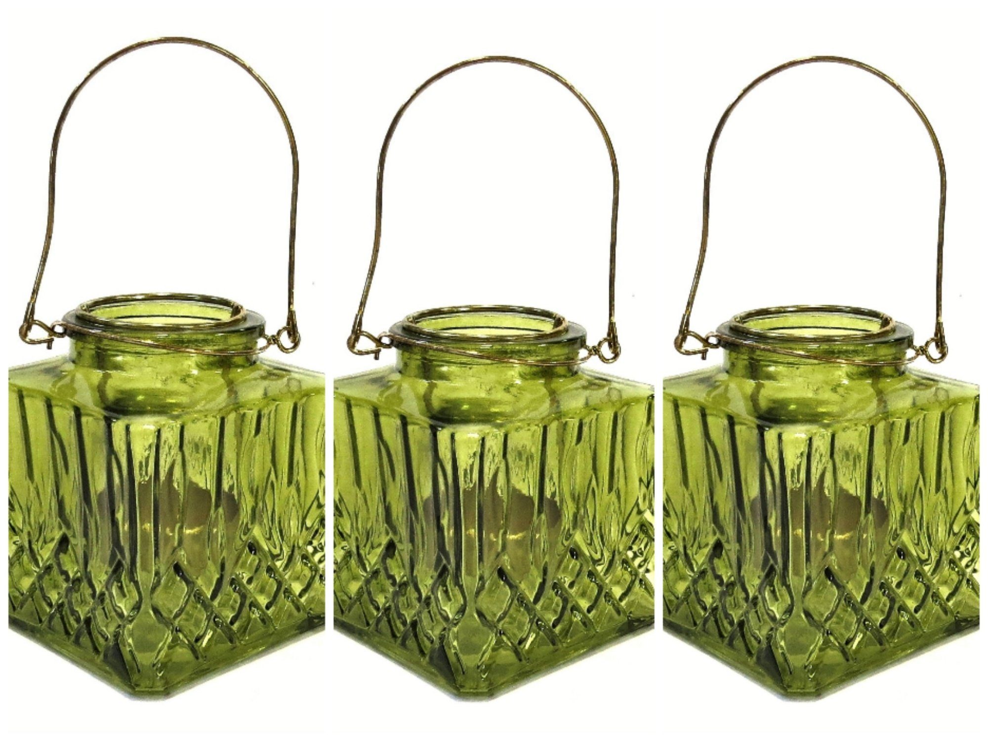 Teelichthalter 3er Set Wind Teelicht Hänger Grün Glas Retro Vintage 11 cm, 3er Set | Teelichthalter