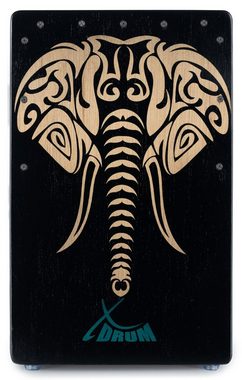 XDrum Cajon Designer-Cajon mit Kunstdruck "Elefant", Bass Port & Snare Teppich mit 20 Spiralen