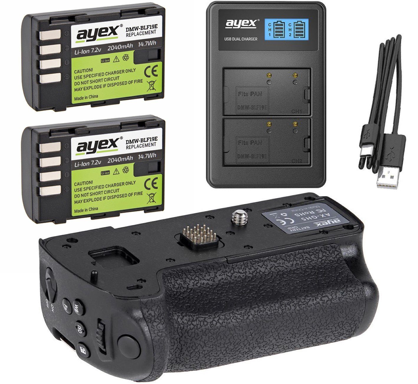 ayex Batteriegriff für Panasonic Lumix GH5 + 2x BLF19E Akku + USB Ladegerät
