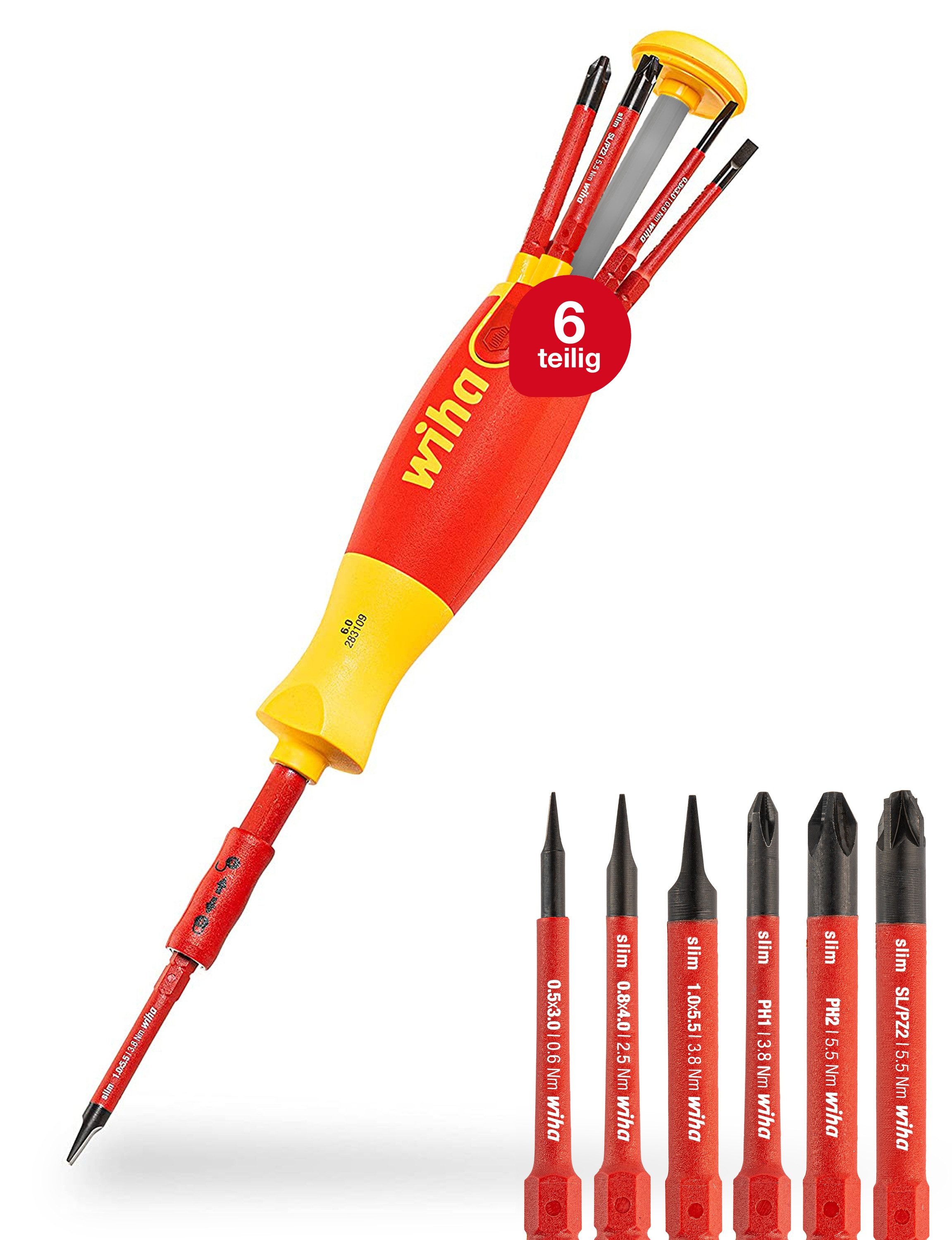Wiha Schraubendreher LiftUp electric (38611) - 6 tlg., (6 St), slimBits für Elektriker, Bithalter, Schlitz, Kreuzschlitz, Plusminus