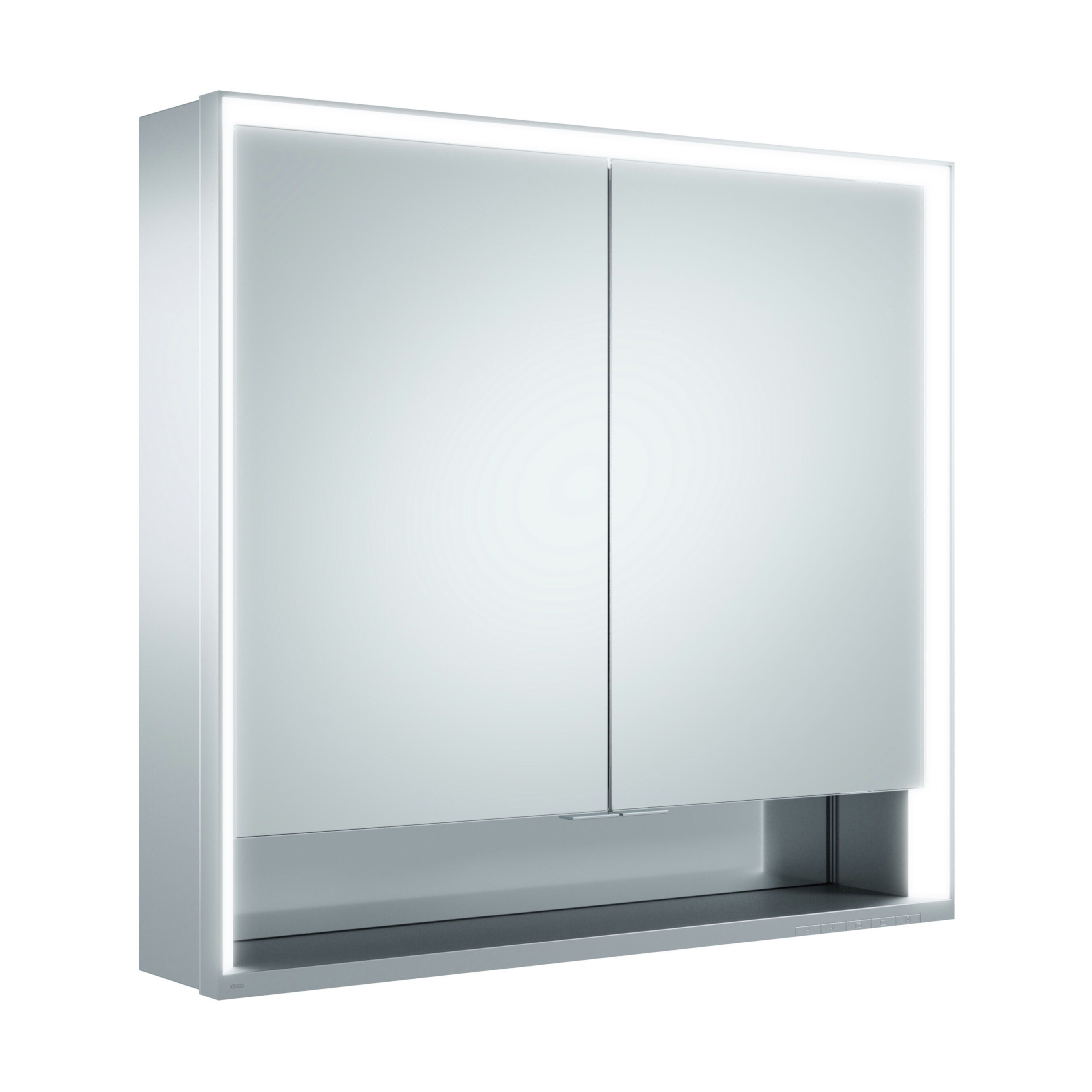 Keuco Badezimmerspiegelschrank Royal Lumos mit LED-Beleuchtung (Badezimmerspiegelschrank mit Beleuchtung LED) 80 cm, Aufputz, mit 2 Türen und Ablagefach, Aluminium, Seiten