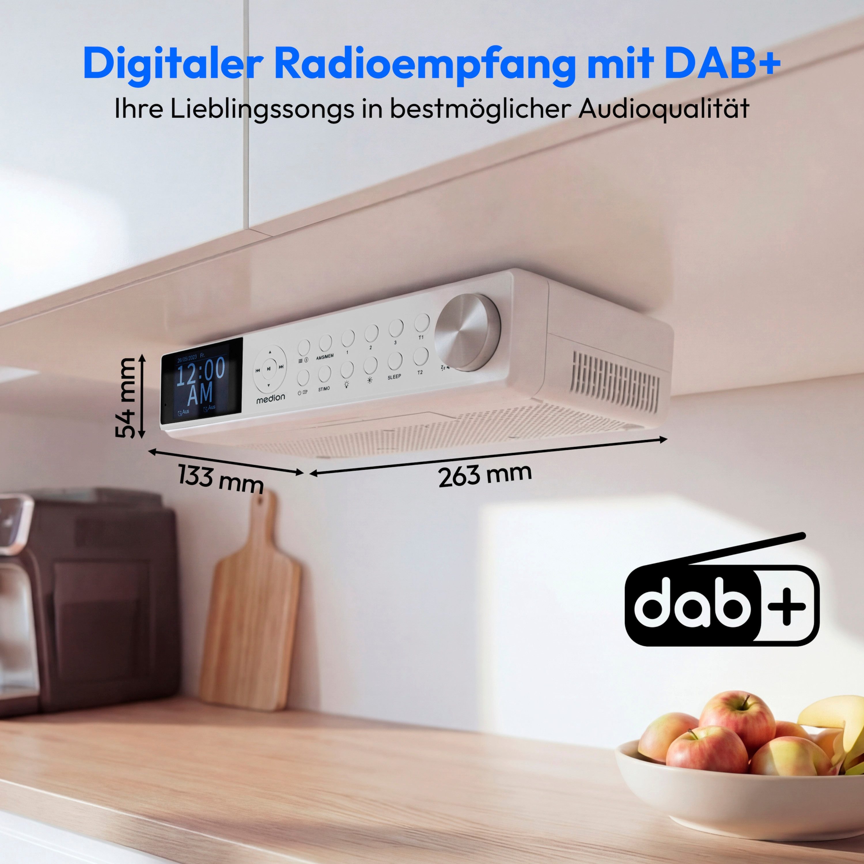 Medion® Radio (AM/FM, MW/UKW, DAB+, 3 W, DAB+ Küchenradio, PLL UKW Radio, dimmbares TFT Farbdisplay, Bluetooth)