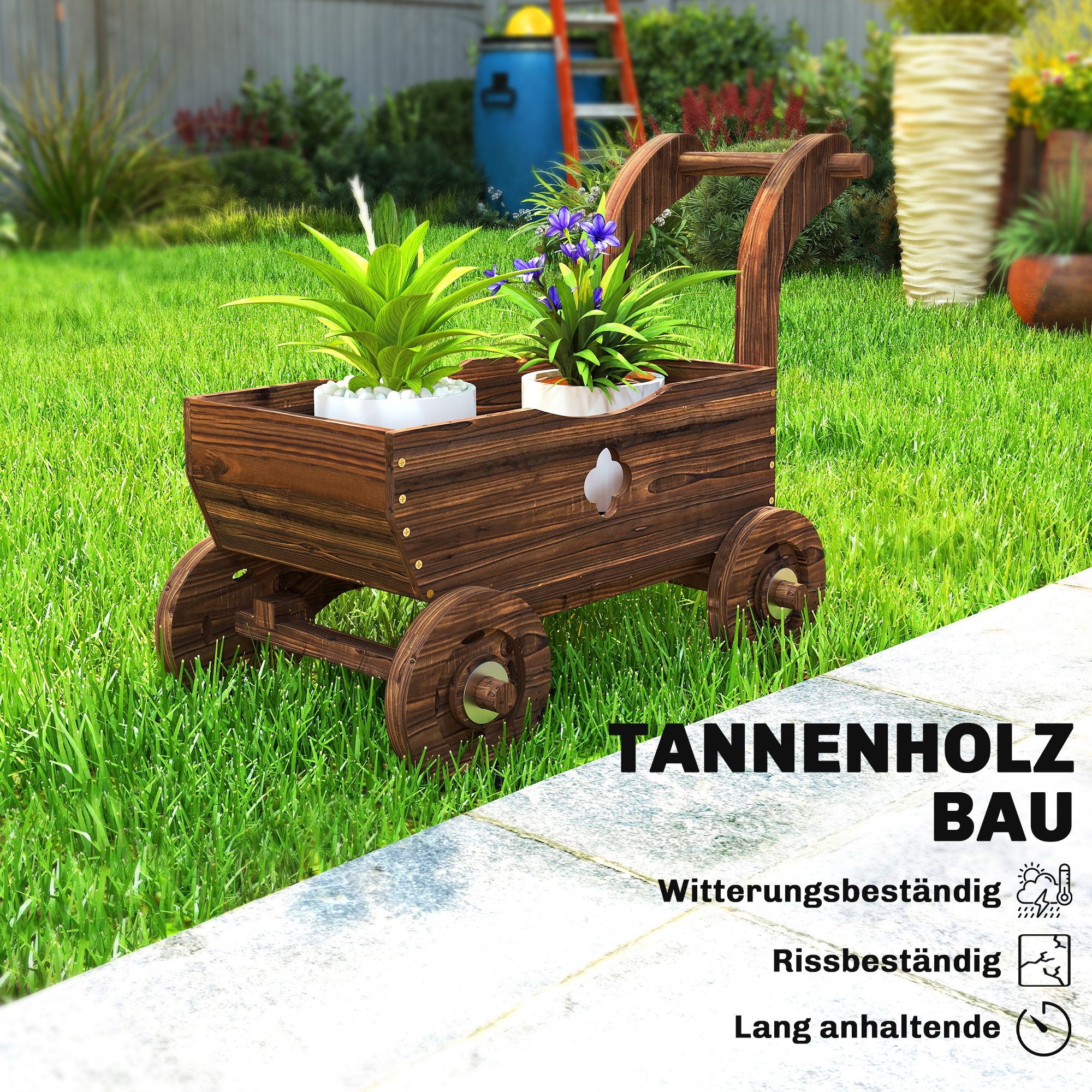 MC Star Hochbeet Hochbeet Holz, Pflanzbeet in Wagenform Frühbeet (mit 4 Rädern Griff Gartenbeet 68 x 38 x 52cm)