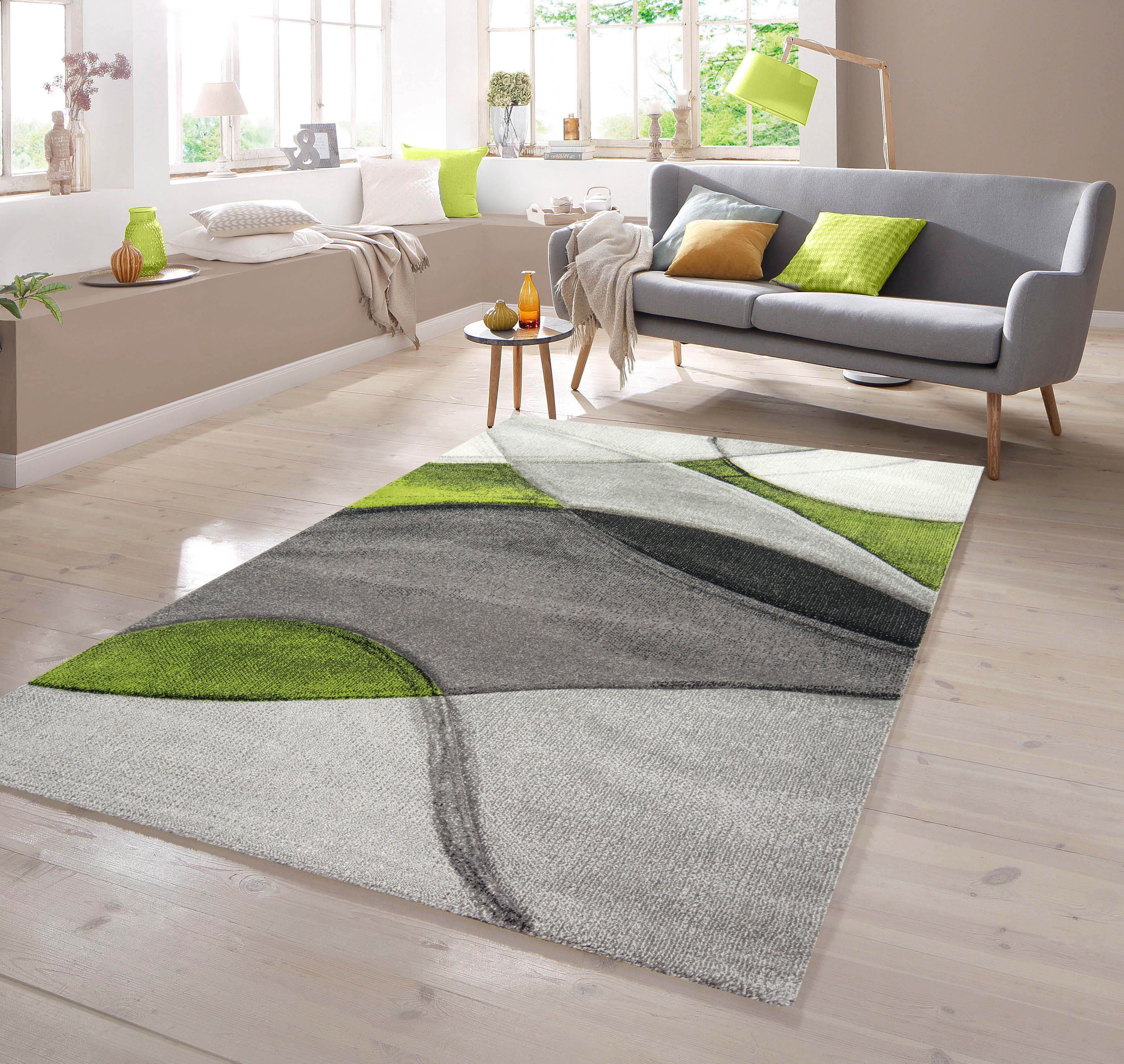 Teppich Teppich modern abstrakt in grün grau schwarz, TeppichHome24, rechteckig