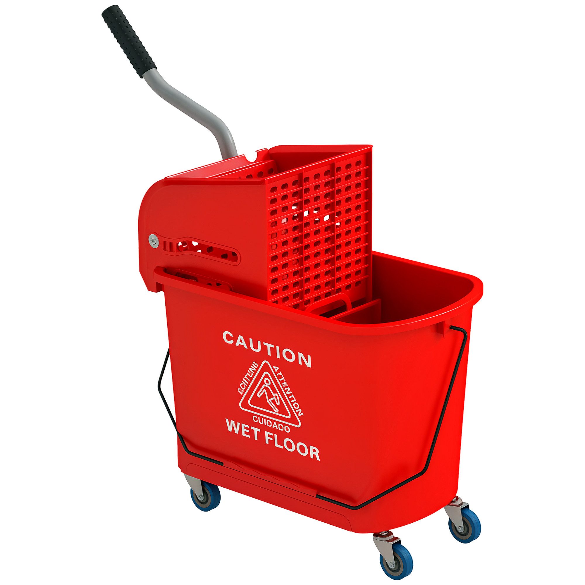 HOMCOM Putzeimer Reinigungswagen mit Wischmopp, 20 L Eimer, mit Trennwand, (Wischwagen, 1-tlg., Putzwage), mit Presse 2 Kammern Rot