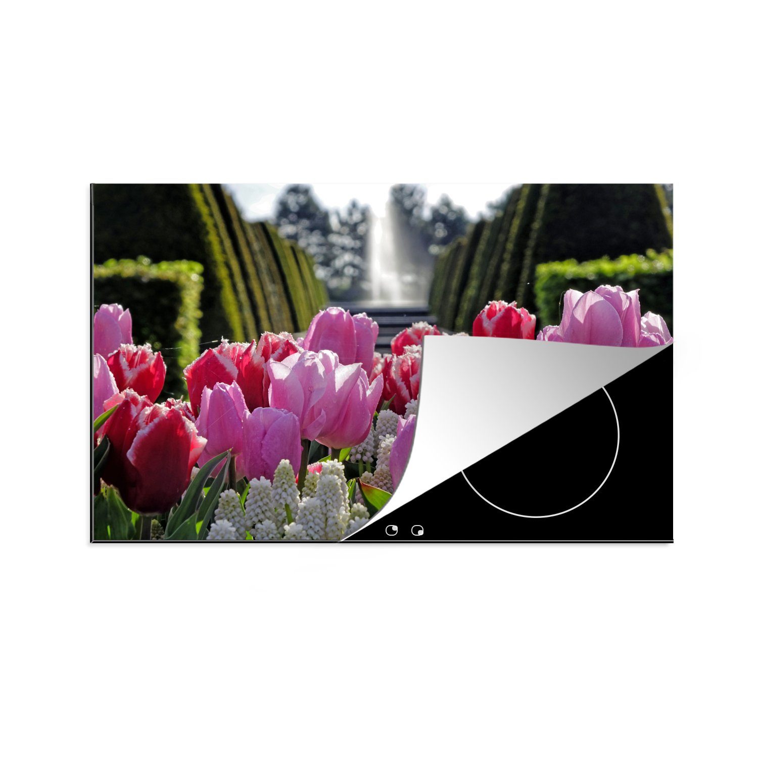 MuchoWow Herdblende-/Abdeckplatte Tulpen vor einem Springbrunnen im Keukenhof in den Niederlanden, Vinyl, (1 tlg), 81x52 cm, Induktionskochfeld Schutz für die küche, Ceranfeldabdeckung