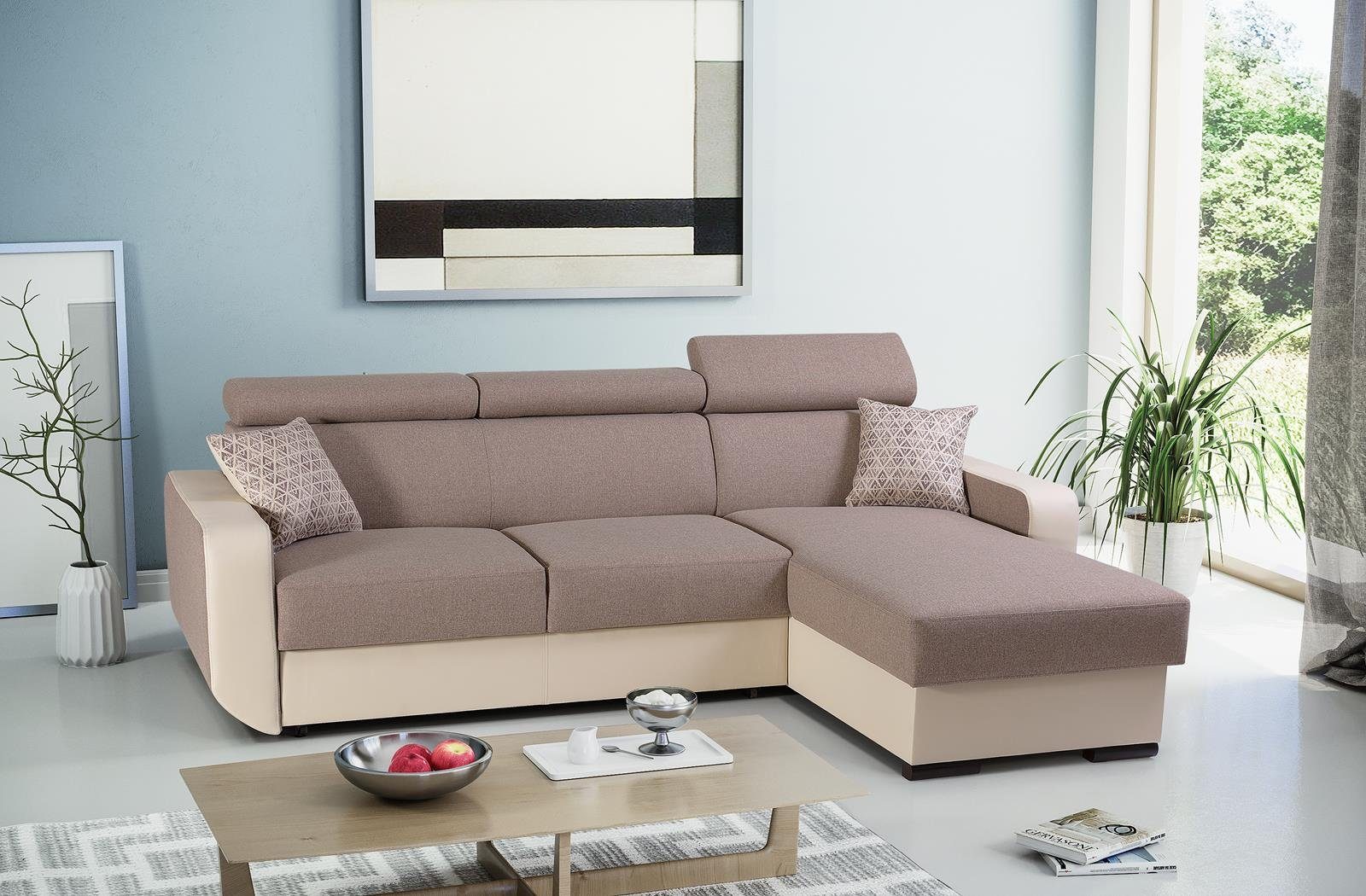 Beautysofa Ecksofa Creme aus + x verstellbaren Bettkasten, Liegefläche IMPAL, Kopfstützen, Madrid Schlaffunktion Kunstleder, 912) und mane, 130 Struktur-Gewebe 202 universelle 23 mit cm Polsterecke (Inari