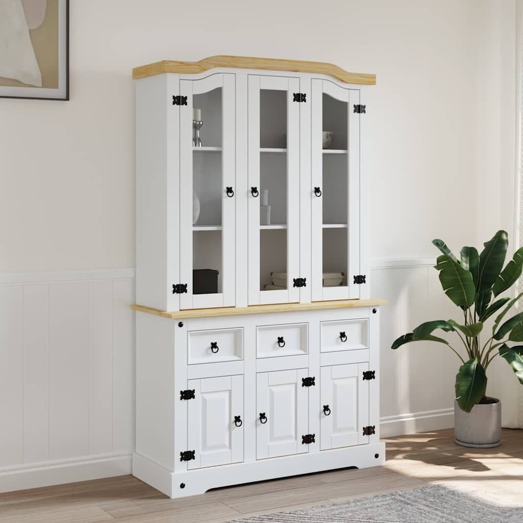 furnicato Highboard aus massivem Kiefernholz Weiß 112x43x196 cm (1 St), Schrank mit 3 Schubladen, 6 Türen und Glas für das Wohnzimmer