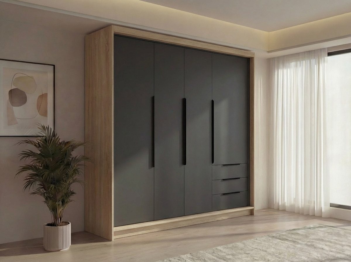 A&J MöbelLand GmbH Drehtürenschrank viertüriger Kleiderschrank mit Schubladen und Metallgriffen. (Geräumiger vier¬türiger Kleiderschrank mit Schubladen und Metallgriffen. Geräumiger Schrank mit einer Breite von 200 cm und Schubladen, ideal zur Aufbewahrung von Kleidung und Accessoires. Viel Stauraum. TOP PRODUKT! Wählen Sie das ideale Modell für Ihr Schlafzimmer!, TOP ANGEBOT) Breite: 200 cm, Höhe: 215 cm, Tiefe: 59,5 cm