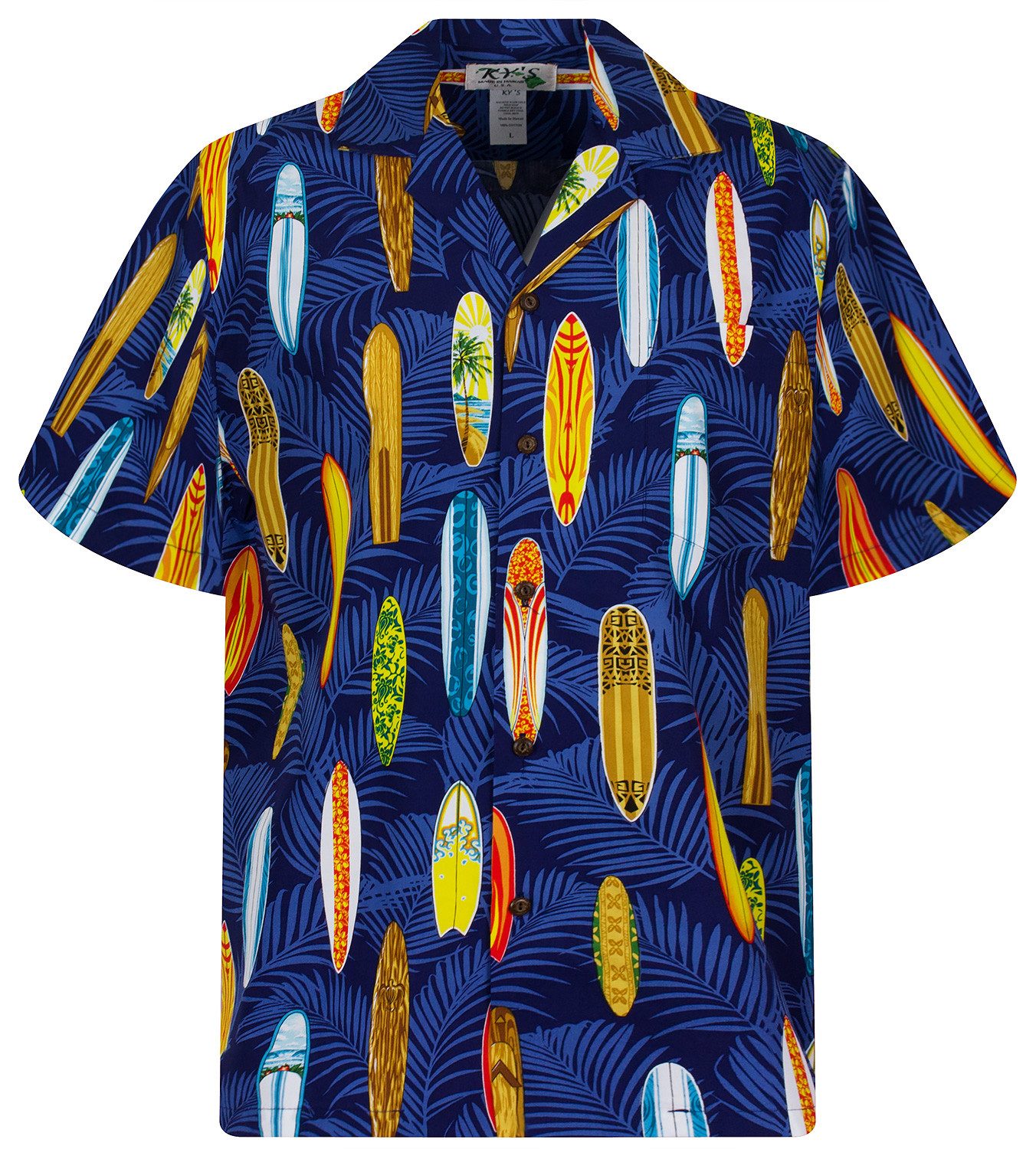 KY's Hawaiihemd "Surfbretter" Herren Kurzarm Baumwolle Kokosknöpfe Original Hawaii