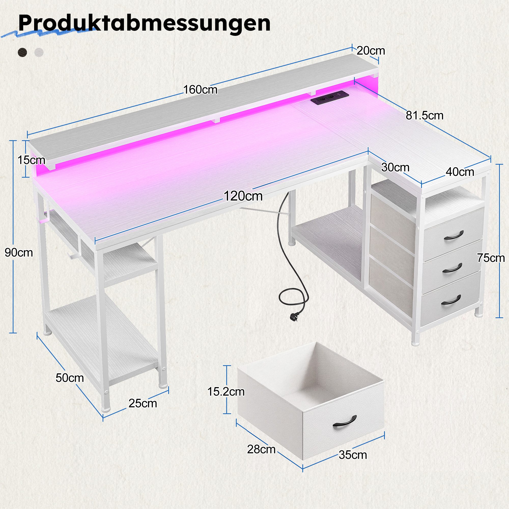 Klyvvo Schreibtisch mit 3 Schubladen, Gaming Schreibtisch L Form mit LED (1-St), mit Stauraum für Homeoffice und Gaming, Weiß